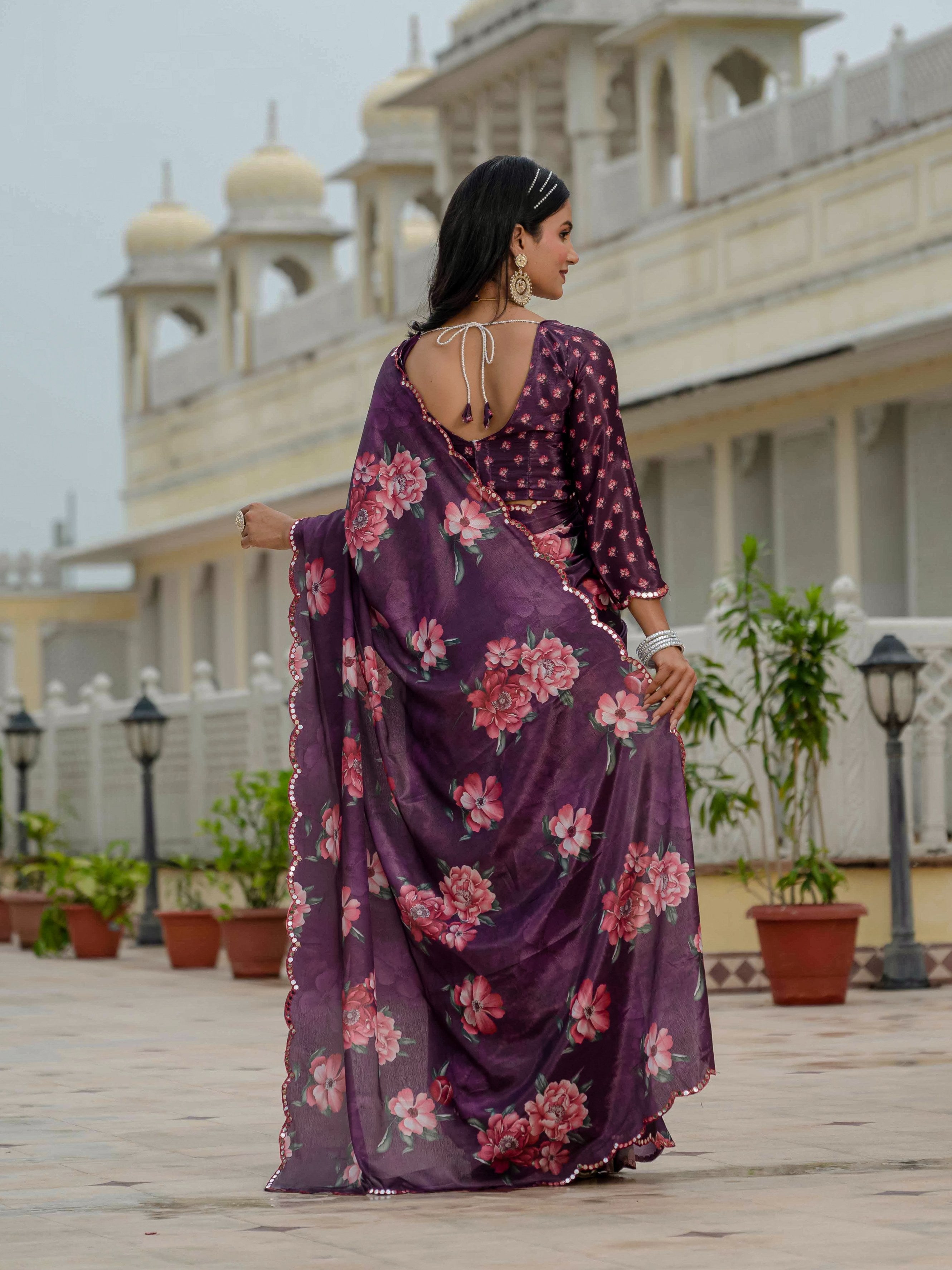 Jyoti Fashion Women's Wine Chinon Digital Print with Mirror Saree with Blouse