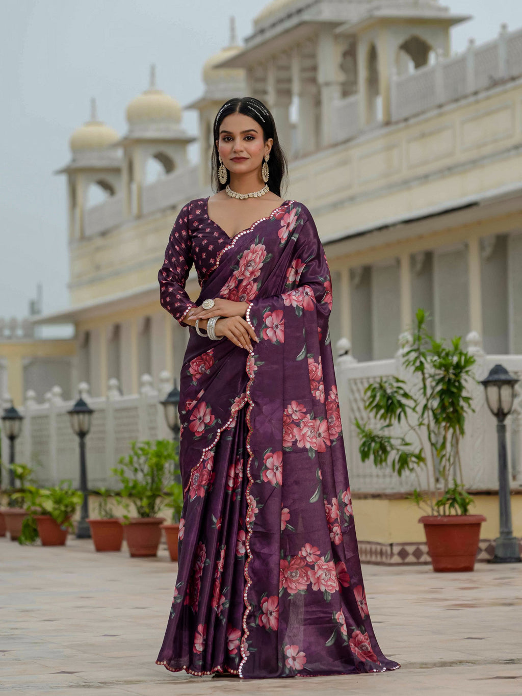 Jyoti Fashion Women's Wine Chinon Digital Print with Mirror Saree with Blouse