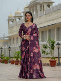 Jyoti Fashion Women's Wine Chinon Digital Print with Mirror Saree with Blouse