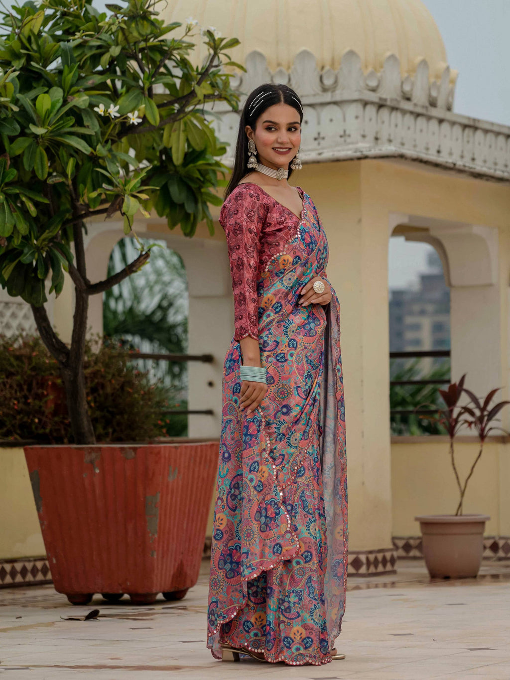 Jyoti Fashion Women's Multicolor Chinon Digital Print with Mirror Saree with Blouse