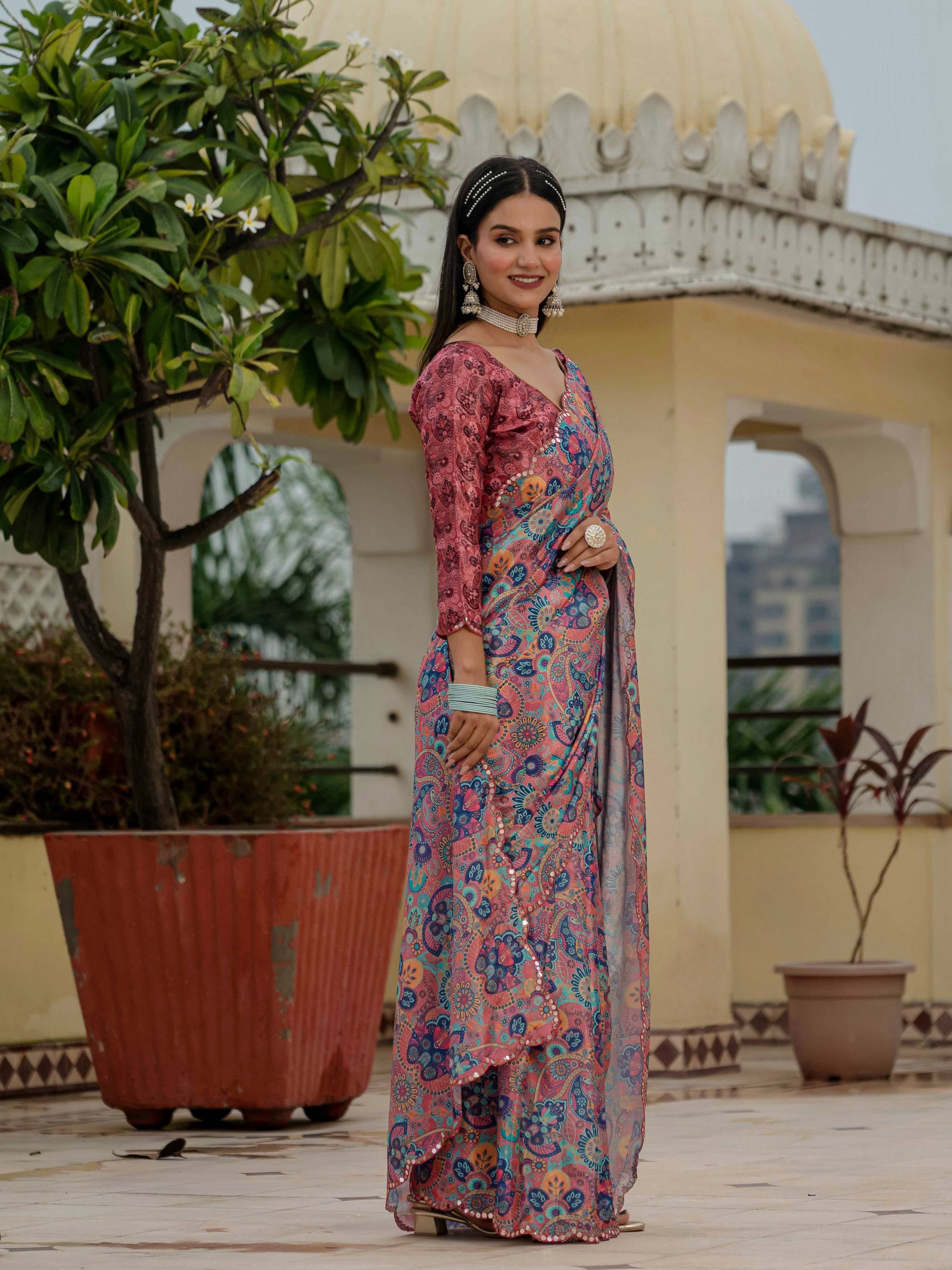 Jyoti Fashion Women's Multicolor Chinon Digital Print with Mirror Saree with Blouse