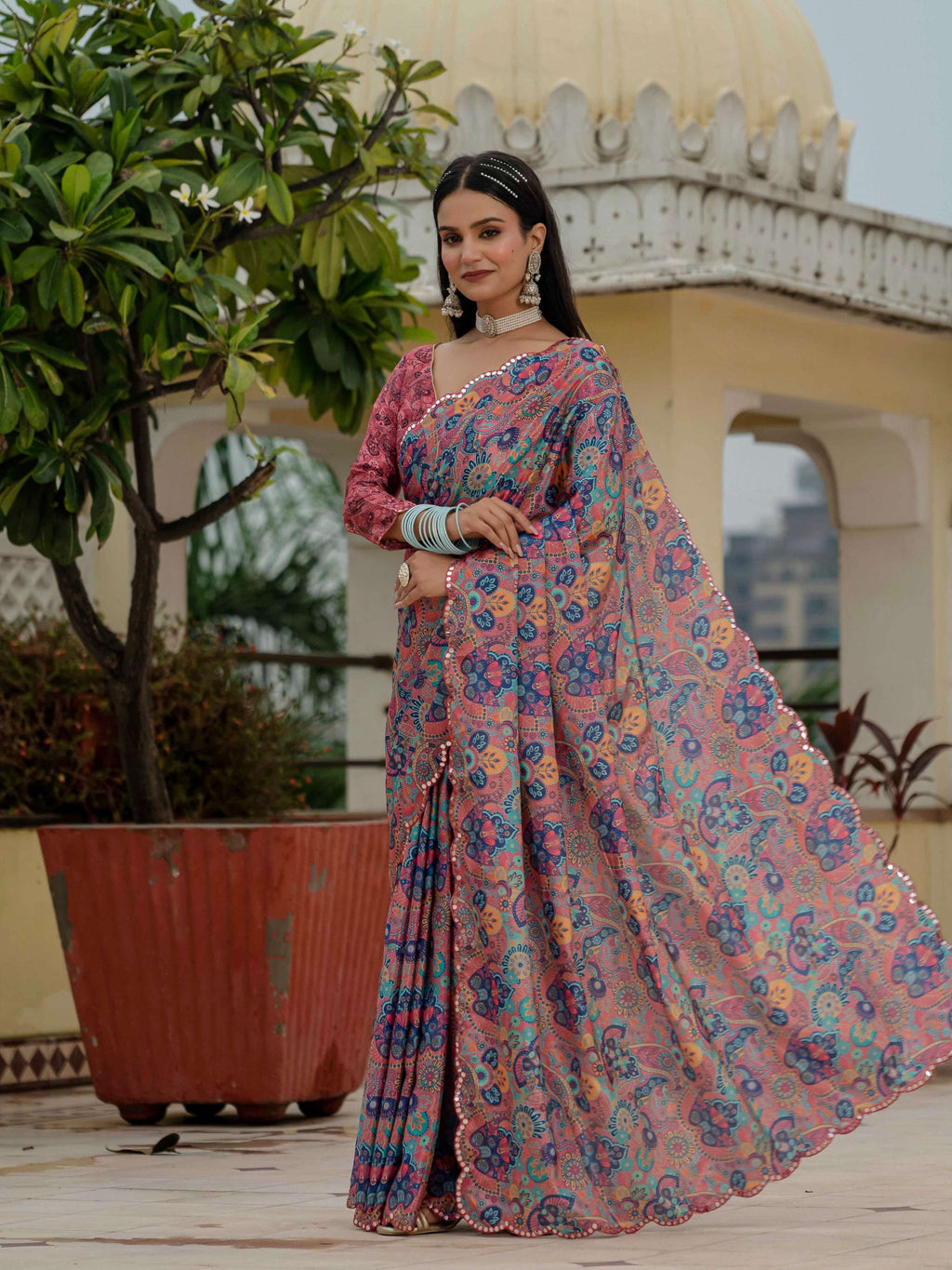 Jyoti Fashion Women's Multicolor Chinon Digital Print with Mirror Saree with Blouse