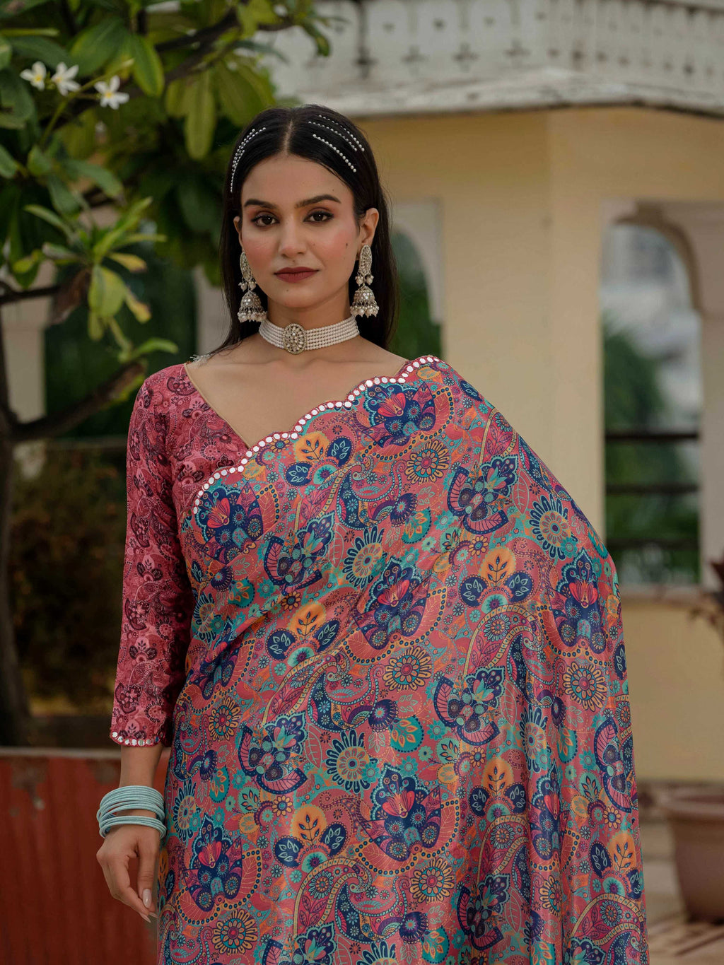 Jyoti Fashion Women's Multicolor Chinon Digital Print with Mirror Saree with Blouse