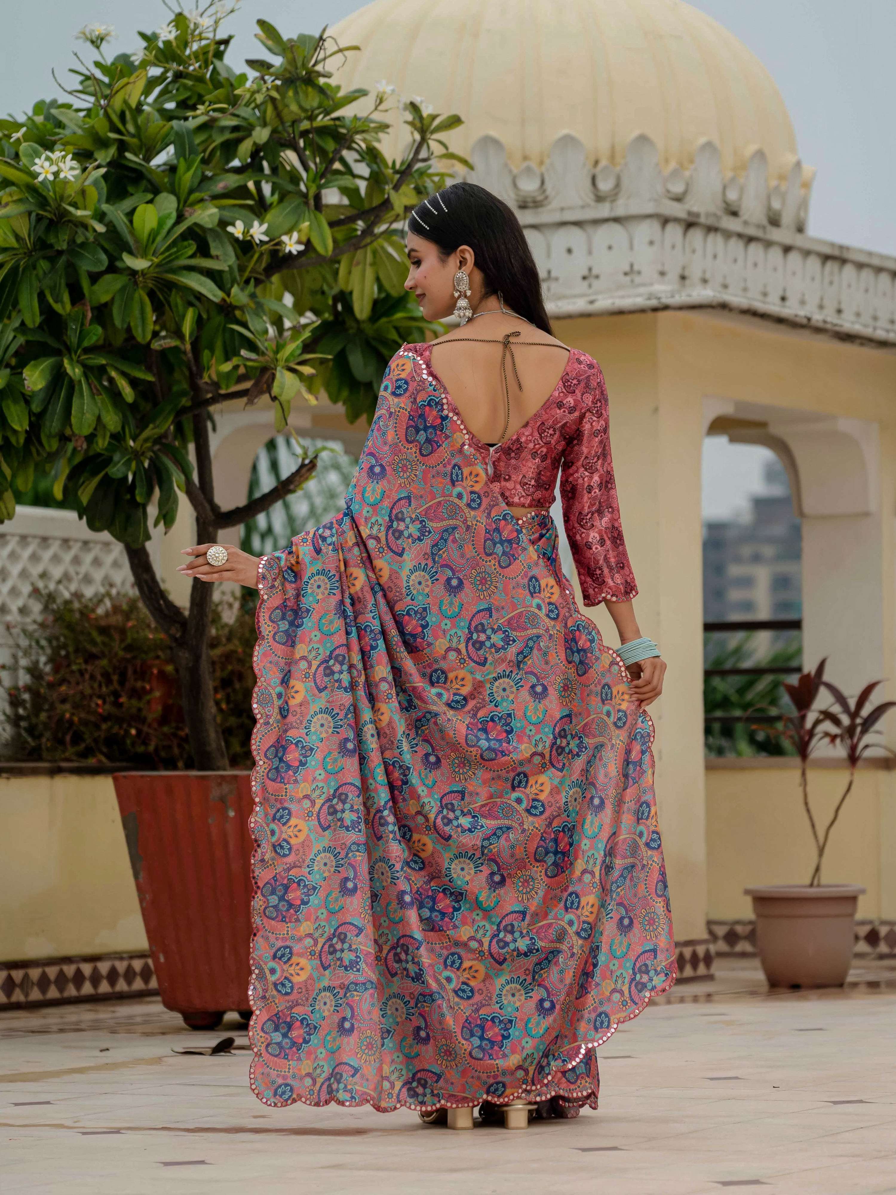 Jyoti Fashion Women's Multicolor Chinon Digital Print with Mirror Saree with Blouse