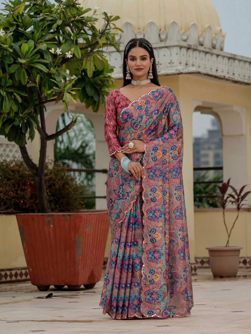 Jyoti Fashion Women's Multicolor Chinon Digital Print with Mirror Saree with Blouse