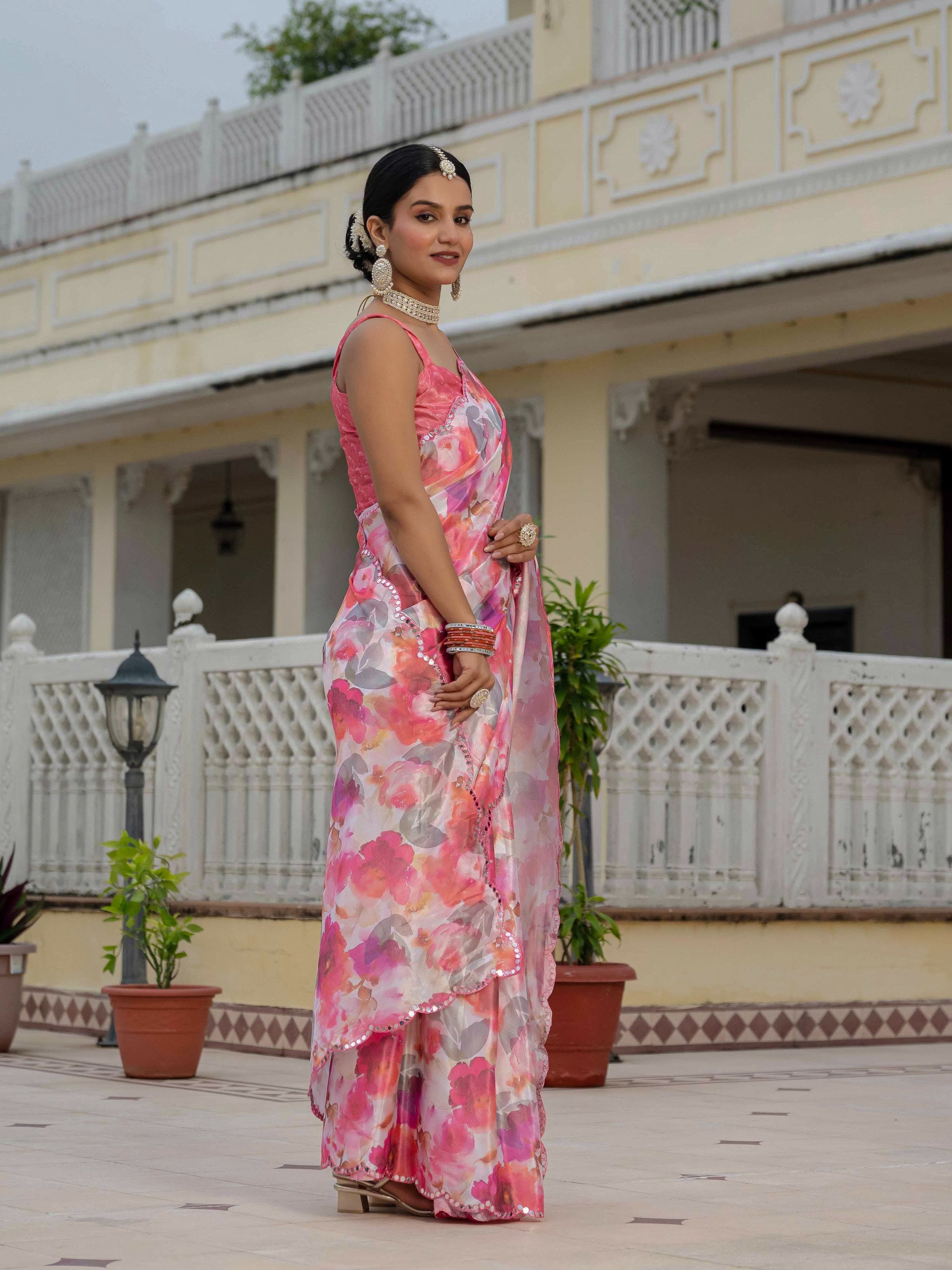 Jyoti Fashion Women's Pink Chinon Digital Print with Mirror Saree with Blouse