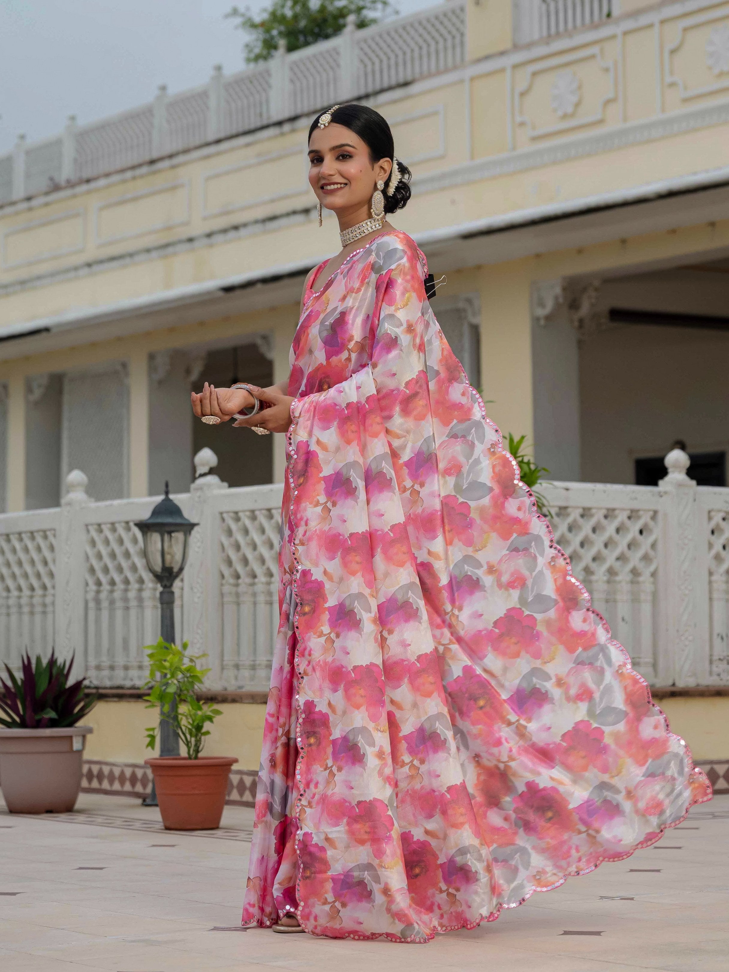 Jyoti Fashion Women's Pink Chinon Digital Print with Mirror Saree with Blouse