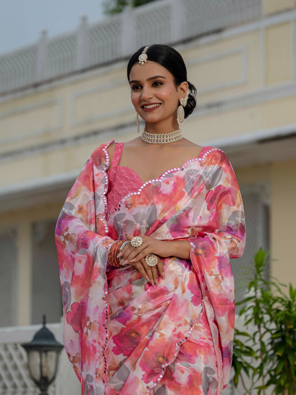 Jyoti Fashion Women's Pink Chinon Digital Print with Mirror Saree with Blouse
