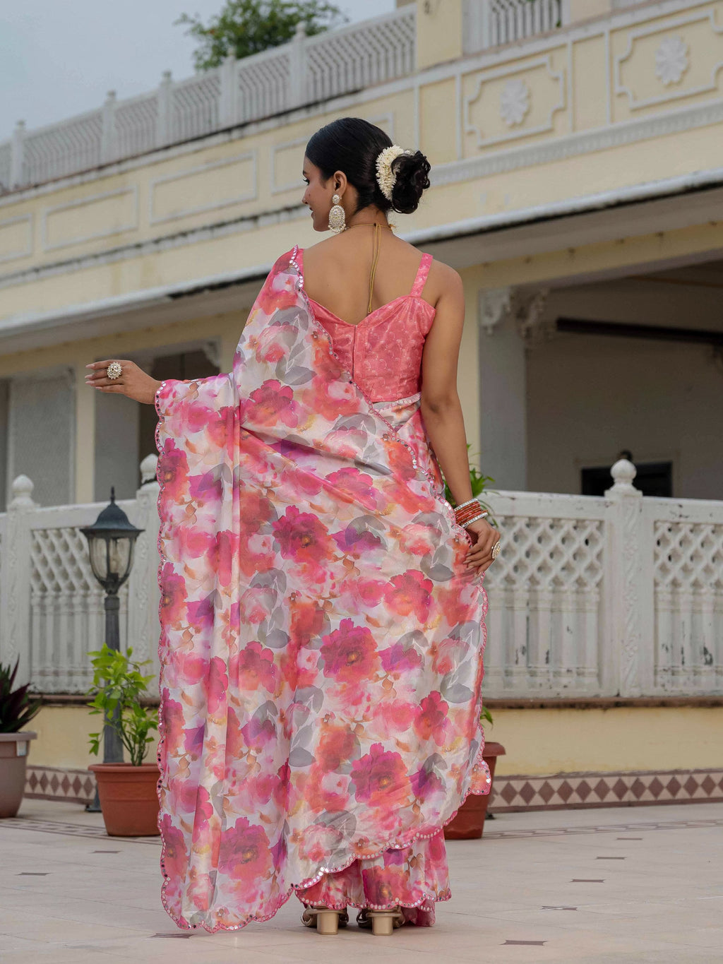Jyoti Fashion Women's Pink Chinon Digital Print with Mirror Saree with Blouse