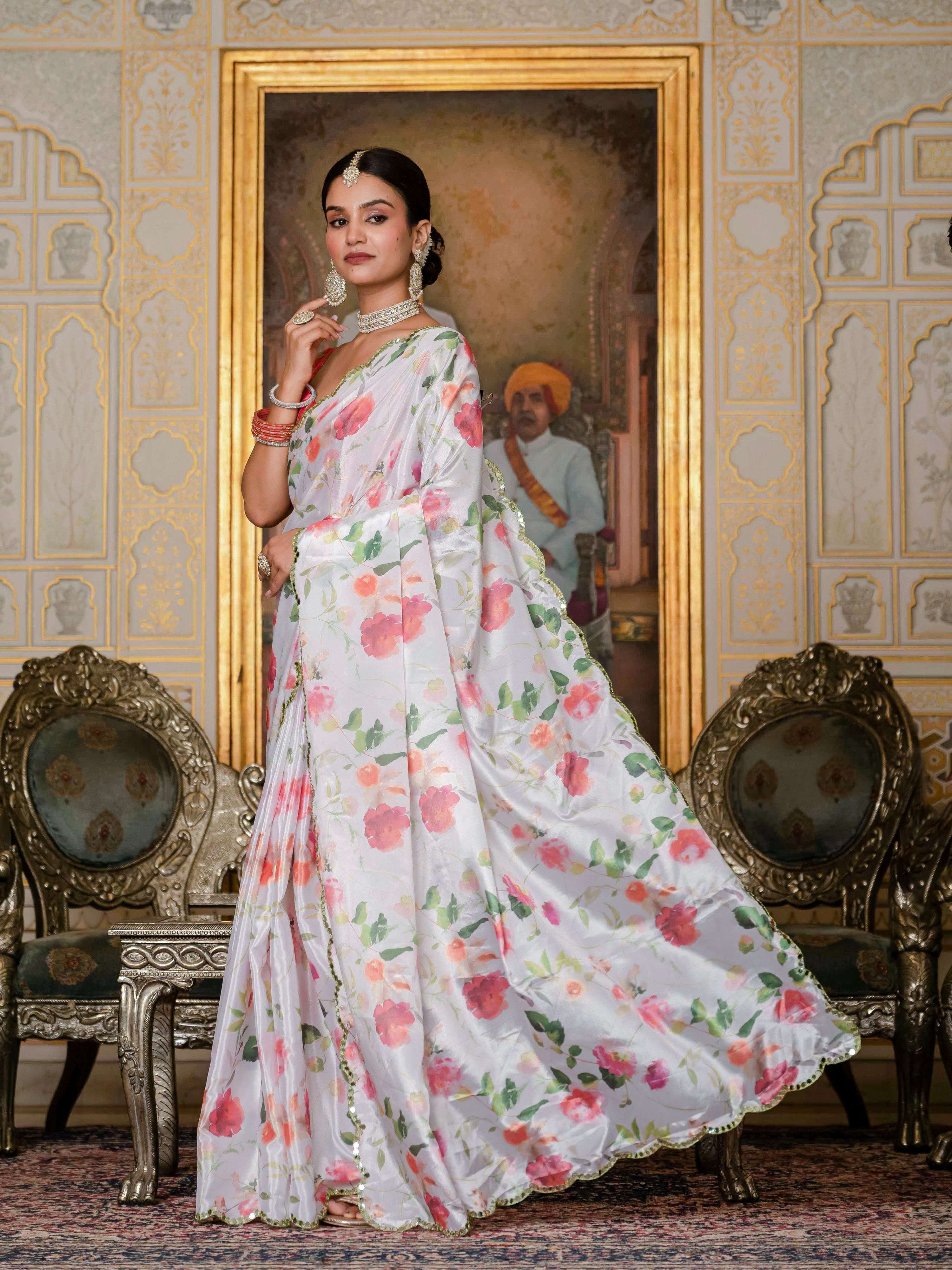 Jyoti Fashion Women's White Chinon Digital Print with Mirror Saree with Blouse