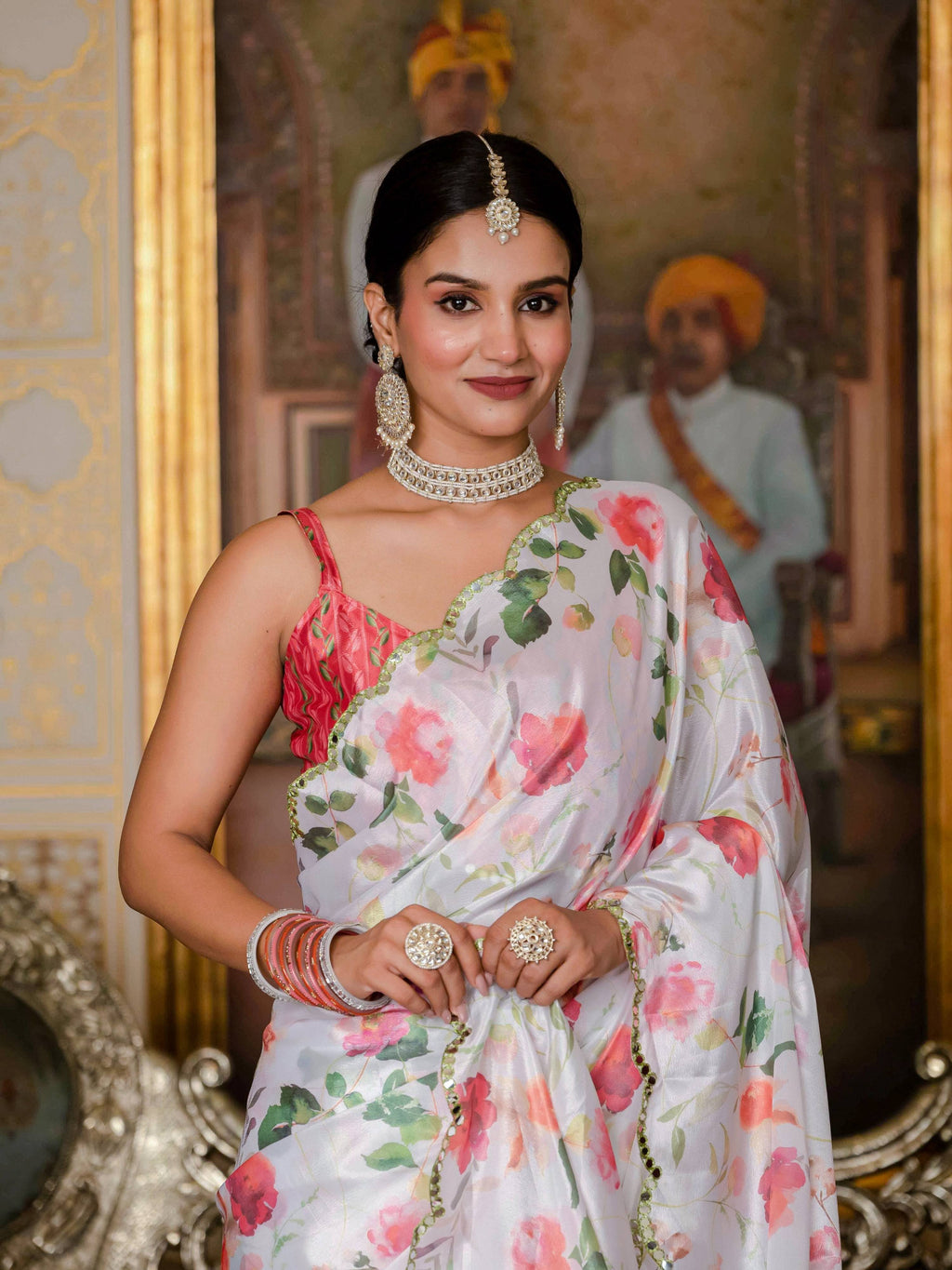 Jyoti Fashion Women's White Chinon Digital Print with Mirror Saree with Blouse