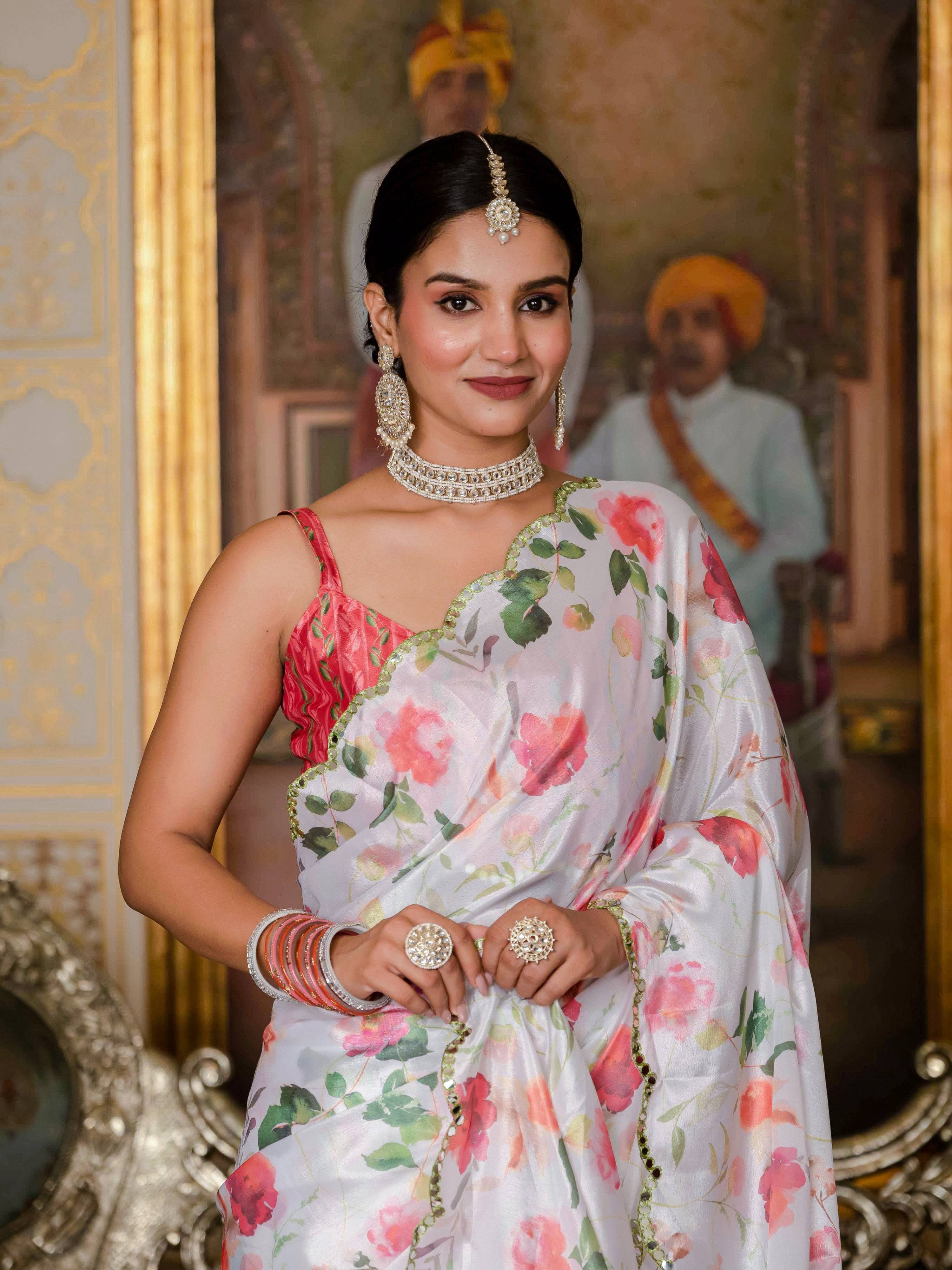 Jyoti Fashion Women's White Chinon Digital Print with Mirror Saree with Blouse