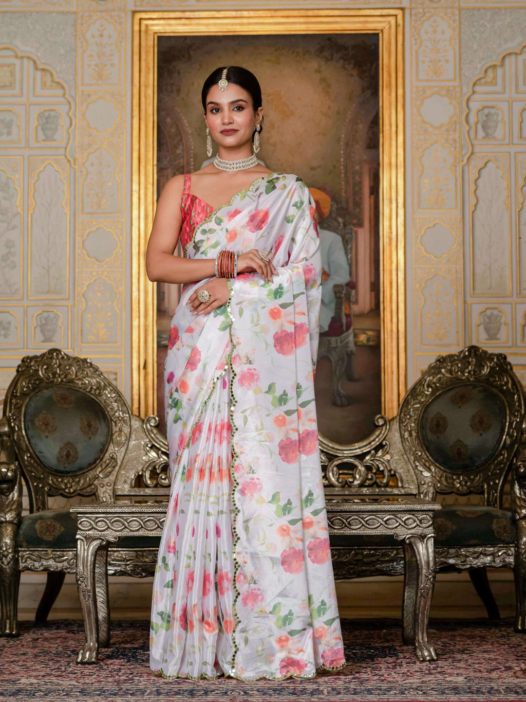 Jyoti Fashion Women's White Chinon Digital Print with Mirror Saree with Blouse