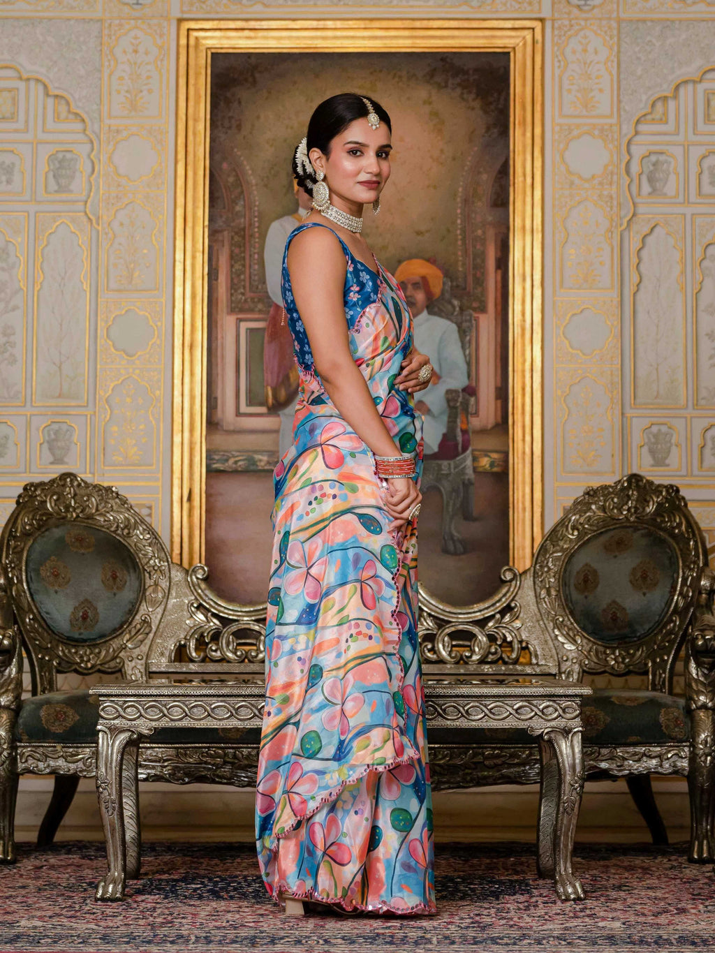 Jyoti Fashion Women's Multicolor Chinon Digital Print with Mirror Saree with Blouse