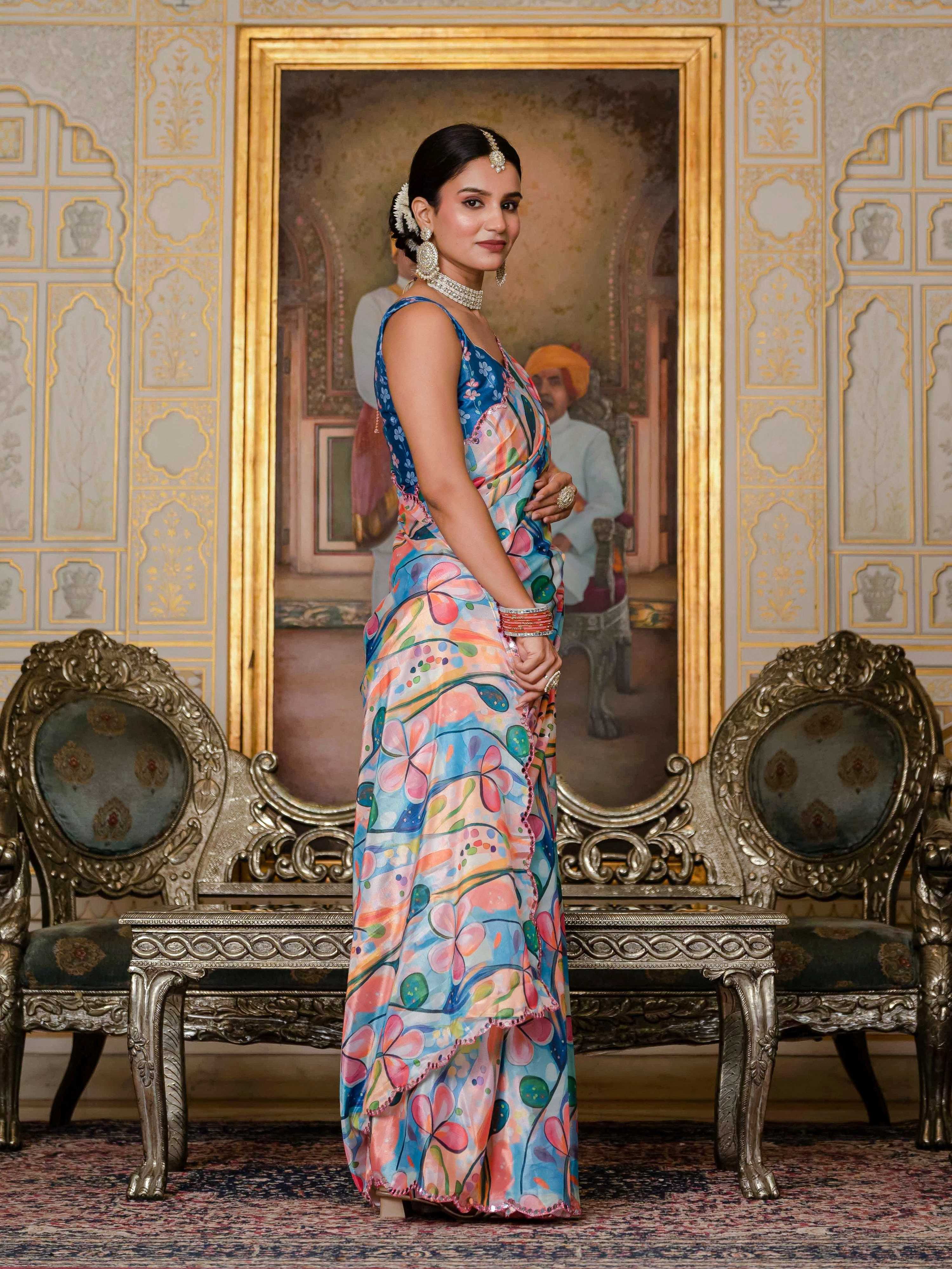 Jyoti Fashion Women's Multicolor Chinon Digital Print with Mirror Saree with Blouse