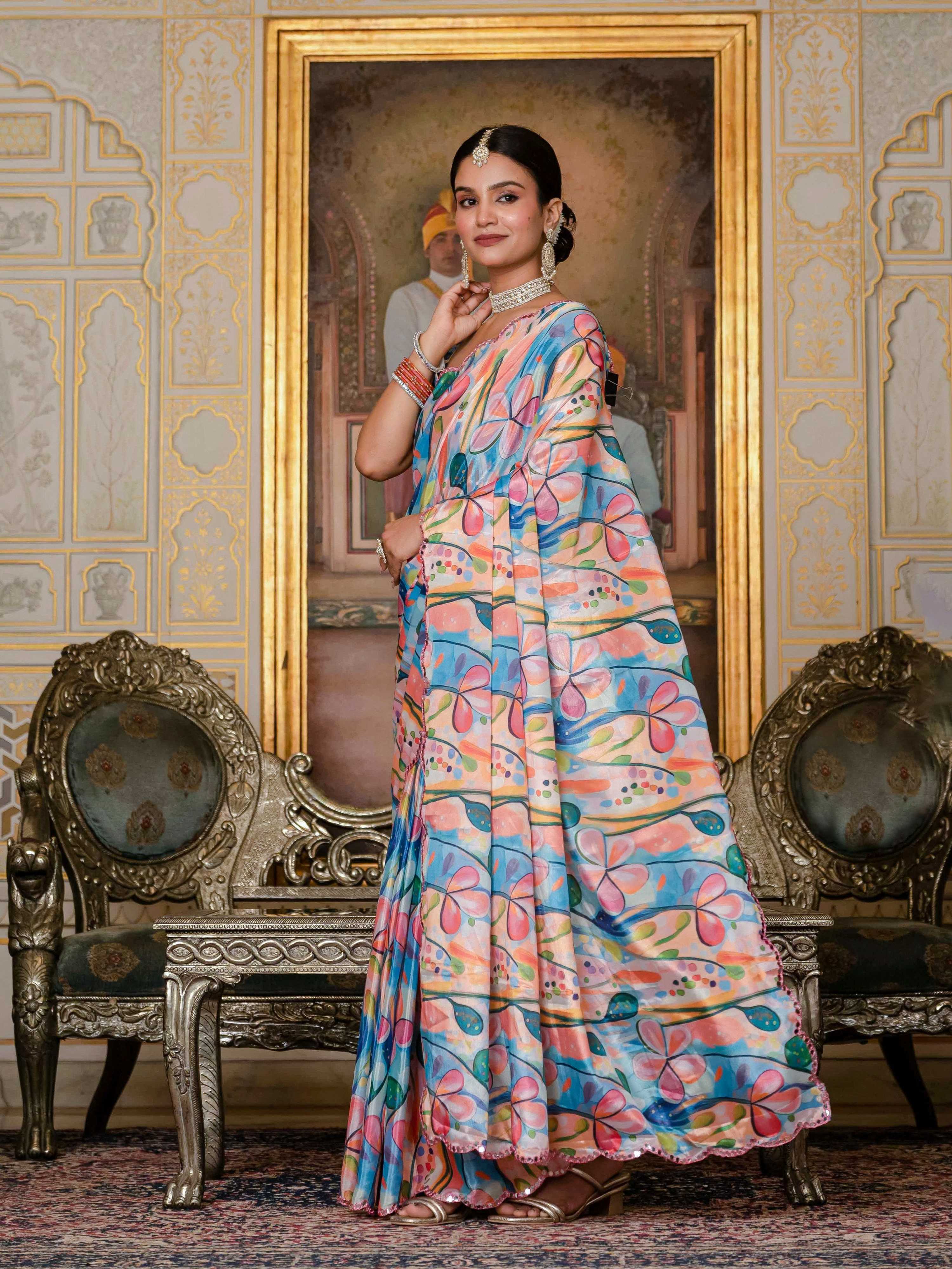 Jyoti Fashion Women's Multicolor Chinon Digital Print with Mirror Saree with Blouse