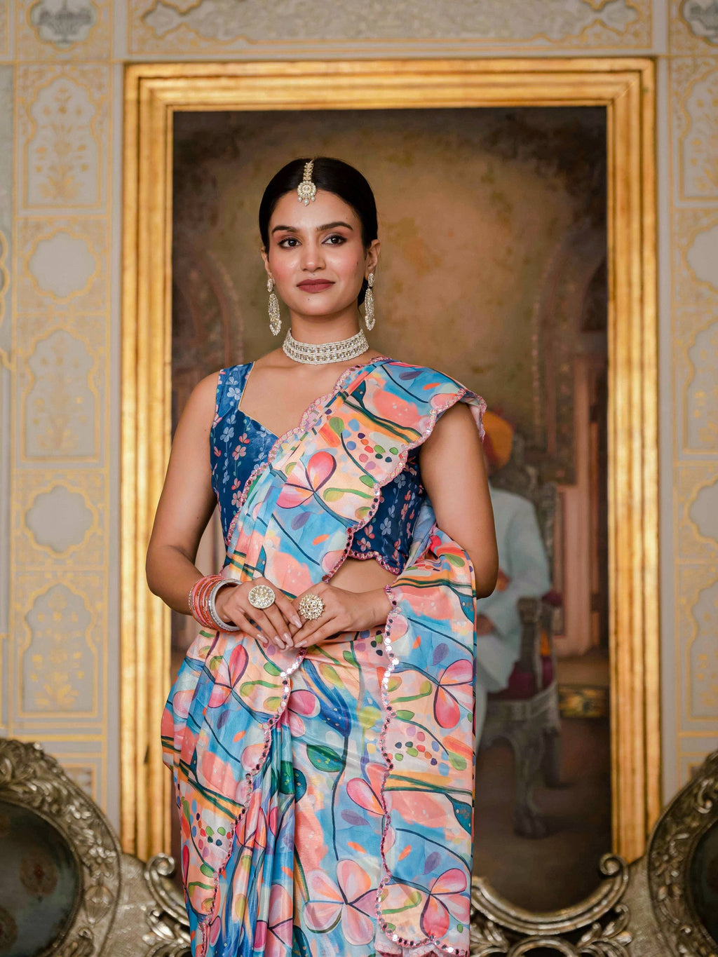 Jyoti Fashion Women's Multicolor Chinon Digital Print with Mirror Saree with Blouse
