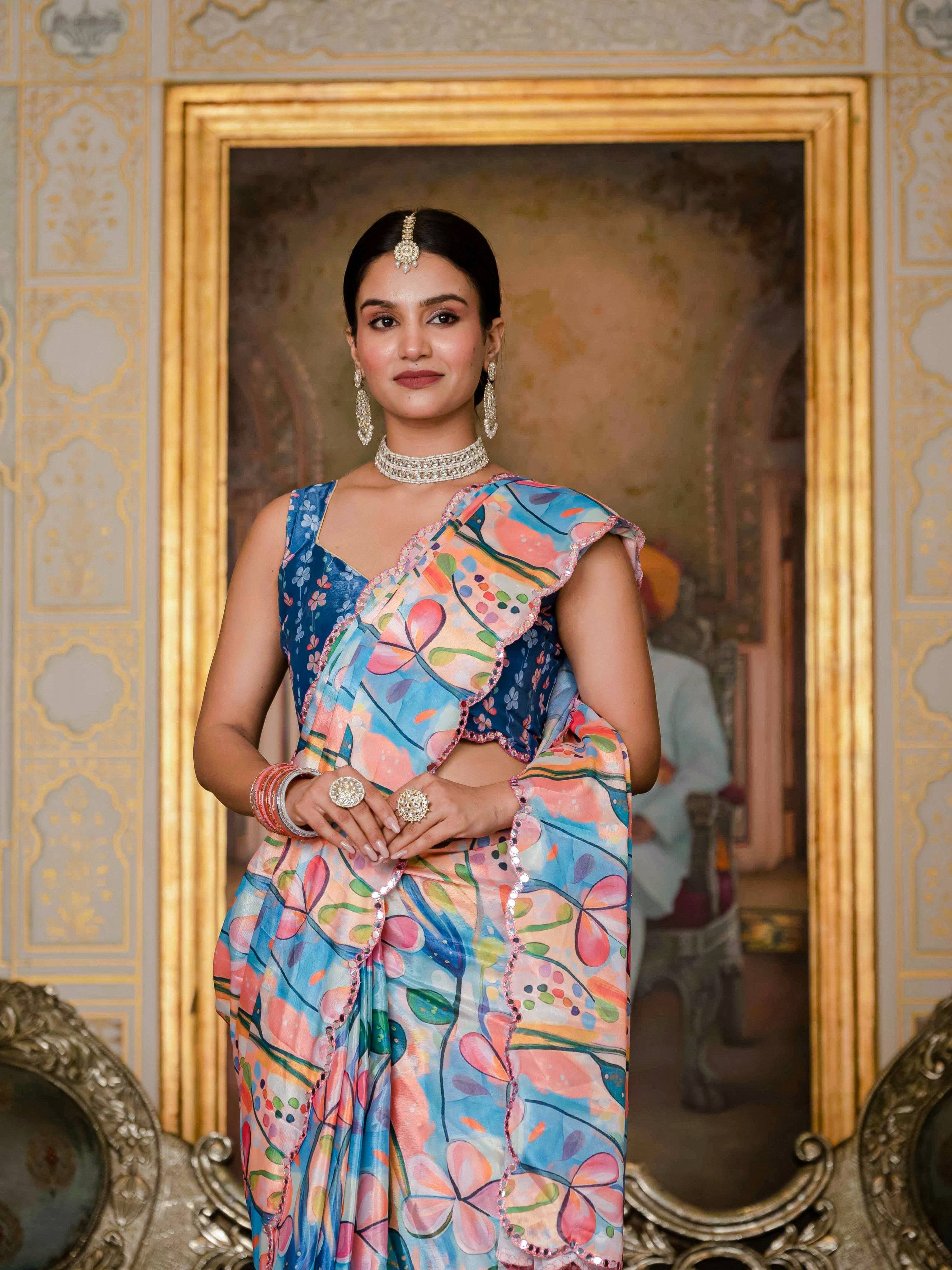 Jyoti Fashion Women's Multicolor Chinon Digital Print with Mirror Saree with Blouse