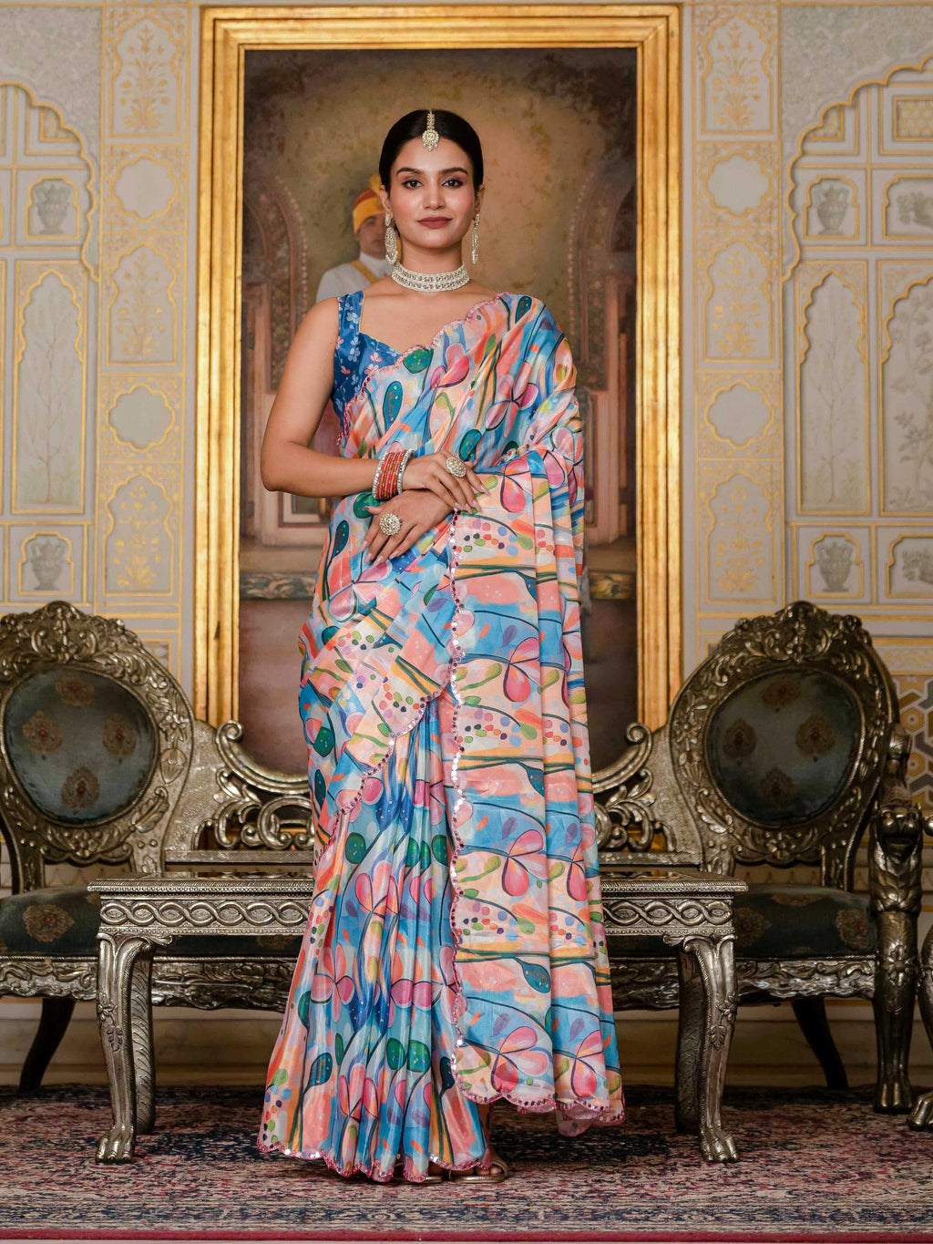 Jyoti Fashion Women's Multicolor Chinon Digital Print with Mirror Saree with Blouse