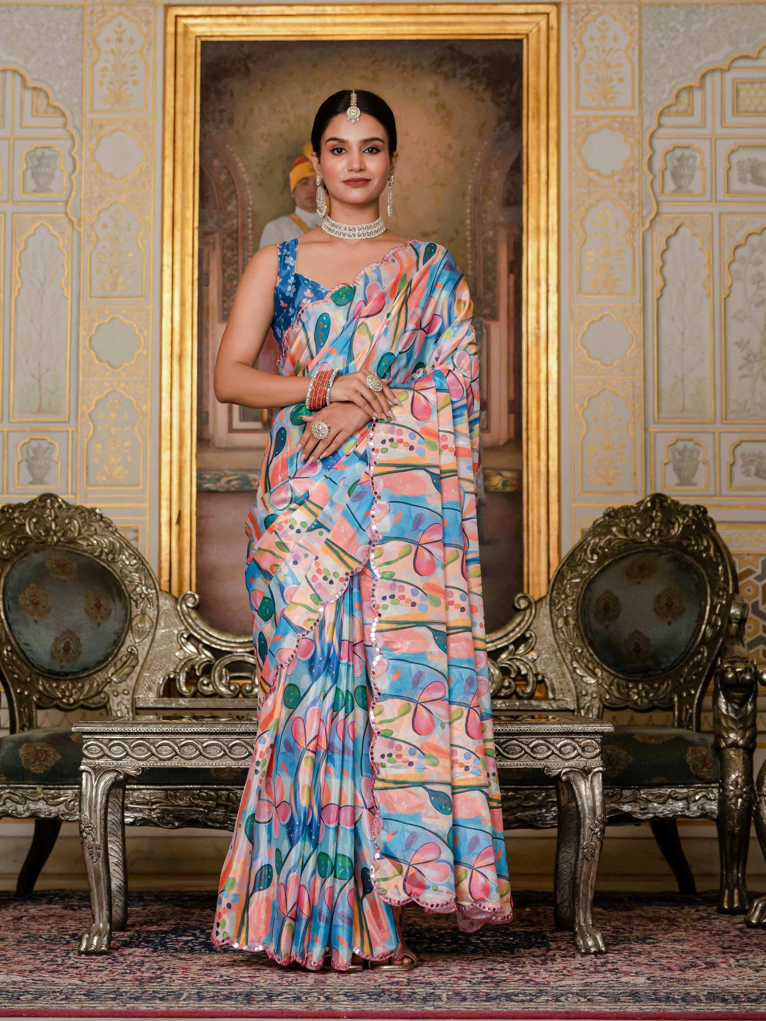 Jyoti Fashion Women's Multicolor Chinon Digital Print with Mirror Saree with Blouse