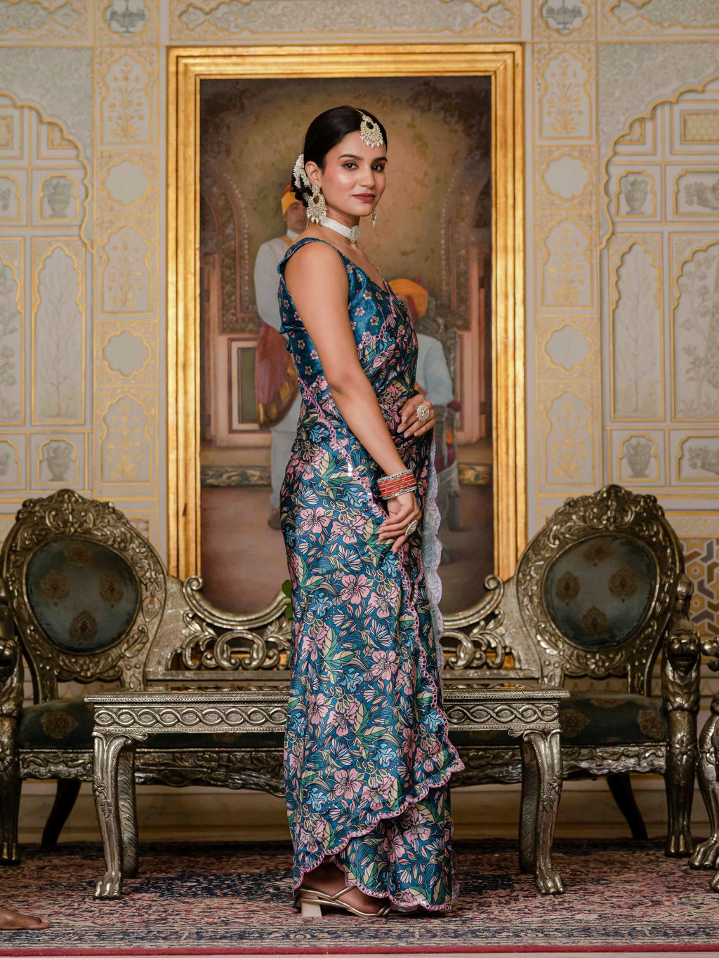 Jyoti Fashion Women's Morpich Chinon Digital Print with Mirror Saree with Blouse