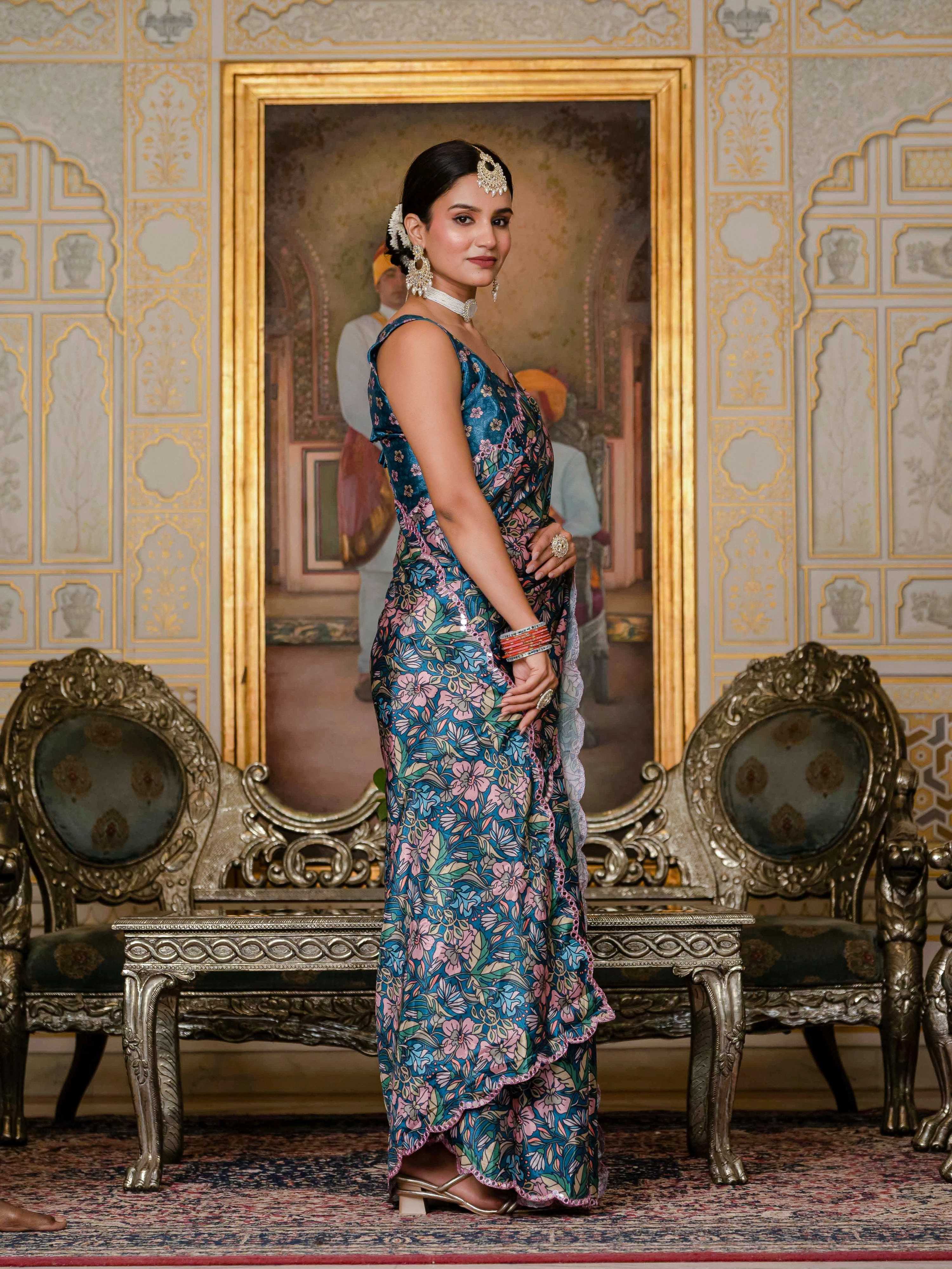 Jyoti Fashion Women's Morpich Chinon Digital Print with Mirror Saree with Blouse