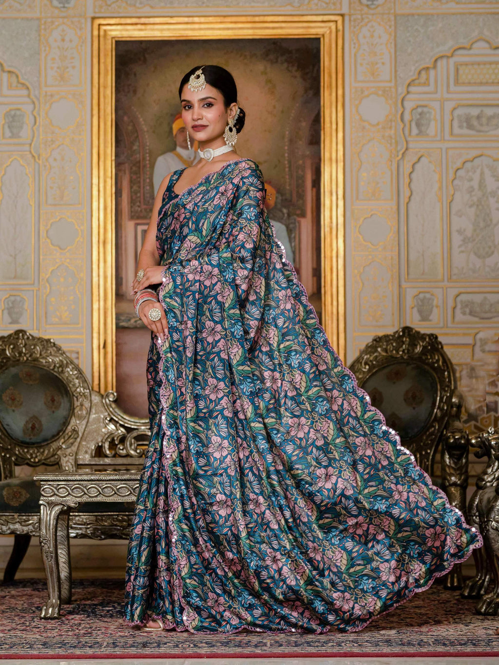 Jyoti Fashion Women's Morpich Chinon Digital Print with Mirror Saree with Blouse