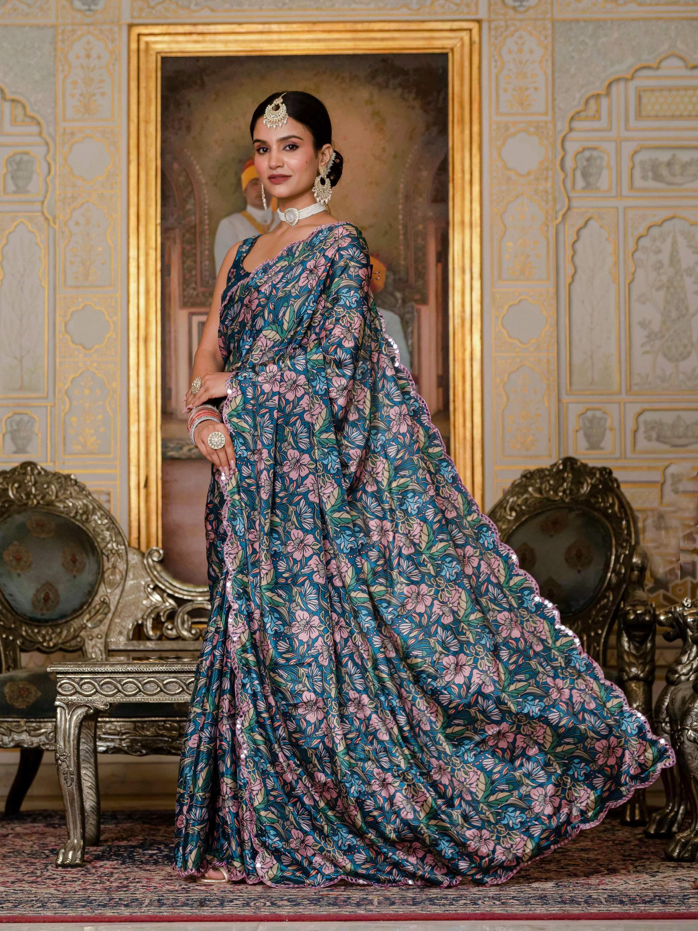 Jyoti Fashion Women's Morpich Chinon Digital Print with Mirror Saree with Blouse