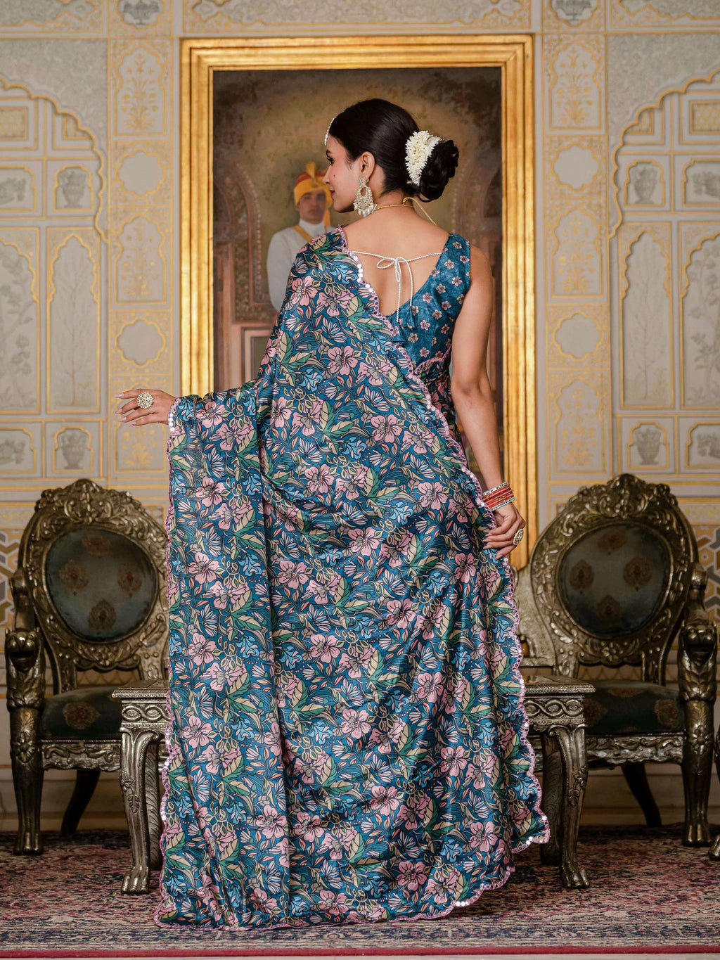 Jyoti Fashion Women's Morpich Chinon Digital Print with Mirror Saree with Blouse