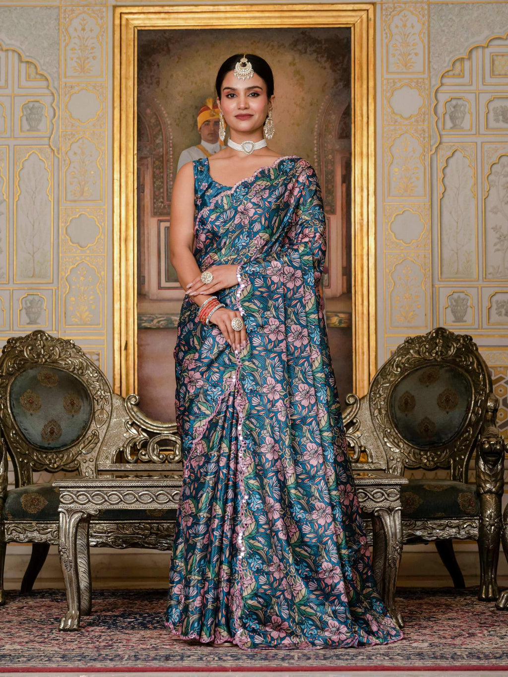 Jyoti Fashion Women's Morpich Chinon Digital Print with Mirror Saree with Blouse