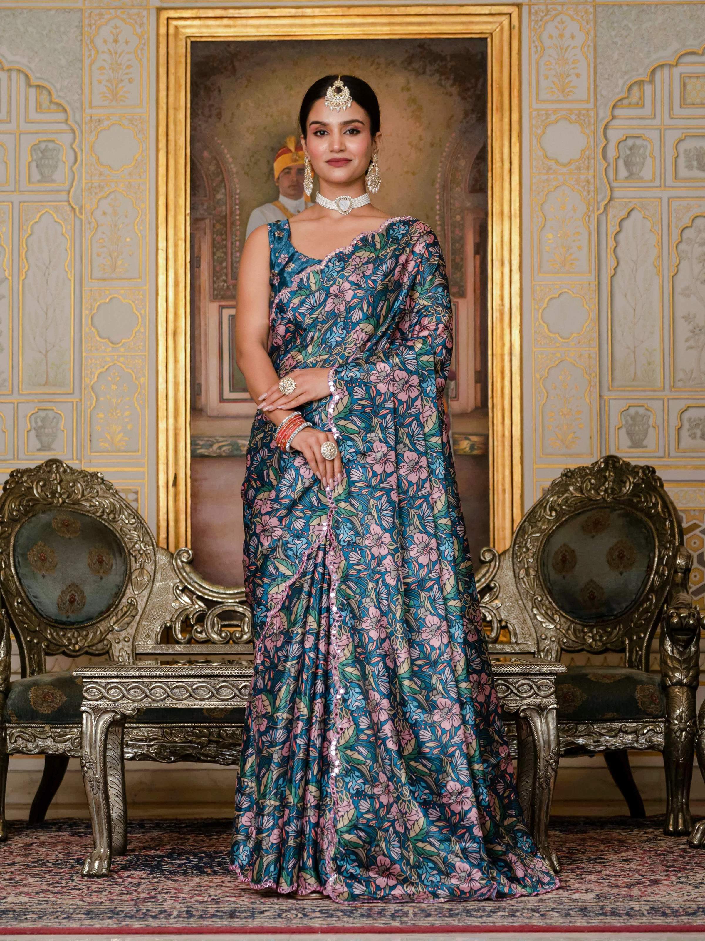 Jyoti Fashion Women's Morpich Chinon Digital Print with Mirror Saree with Blouse