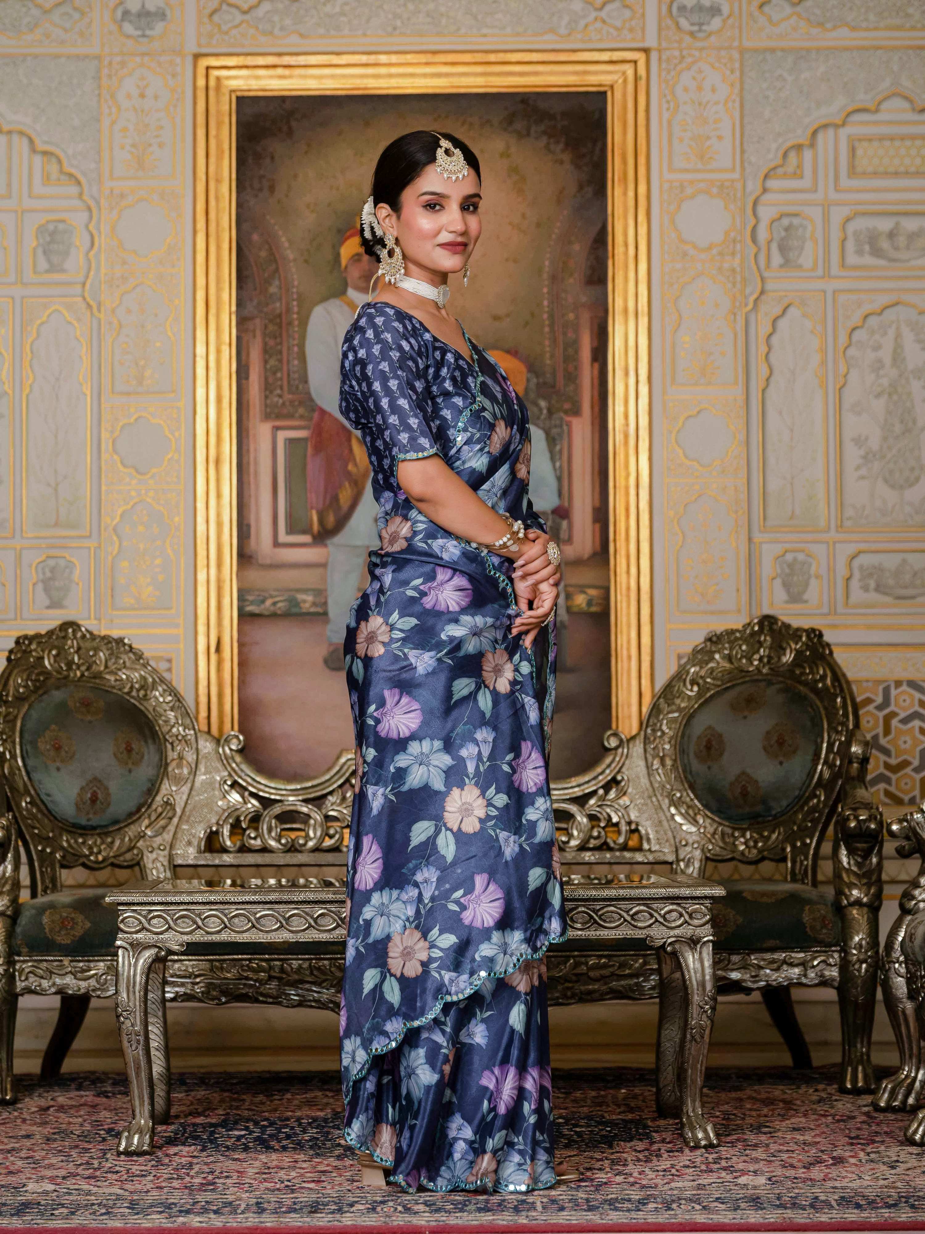 Jyoti Fashion Women's Navy Blue Chinon Digital Print with Mirror Saree with Blouse