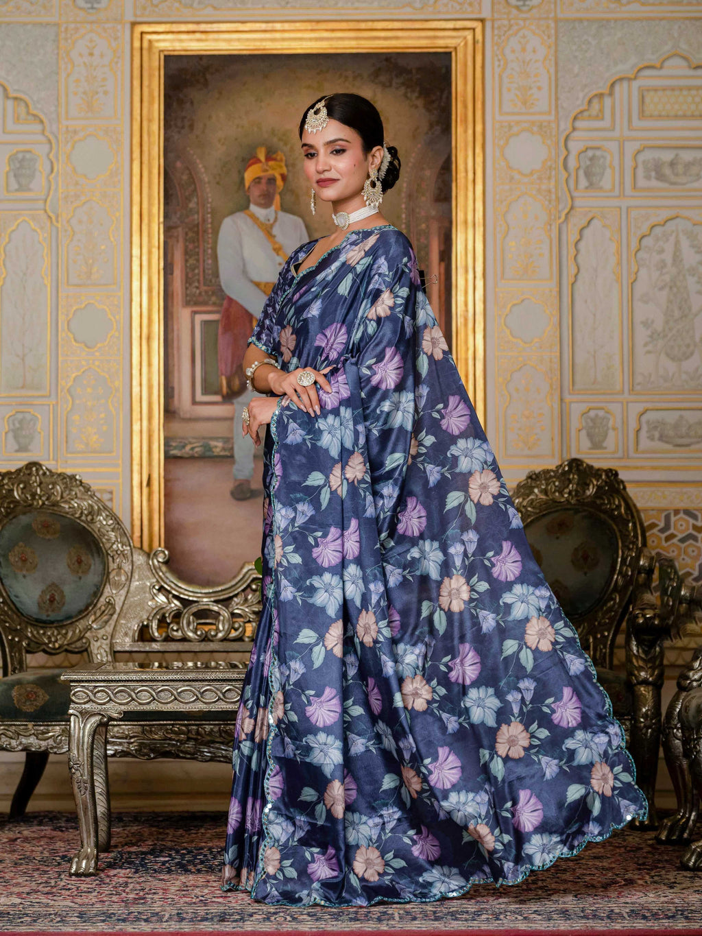 Jyoti Fashion Women's Navy Blue Chinon Digital Print with Mirror Saree with Blouse