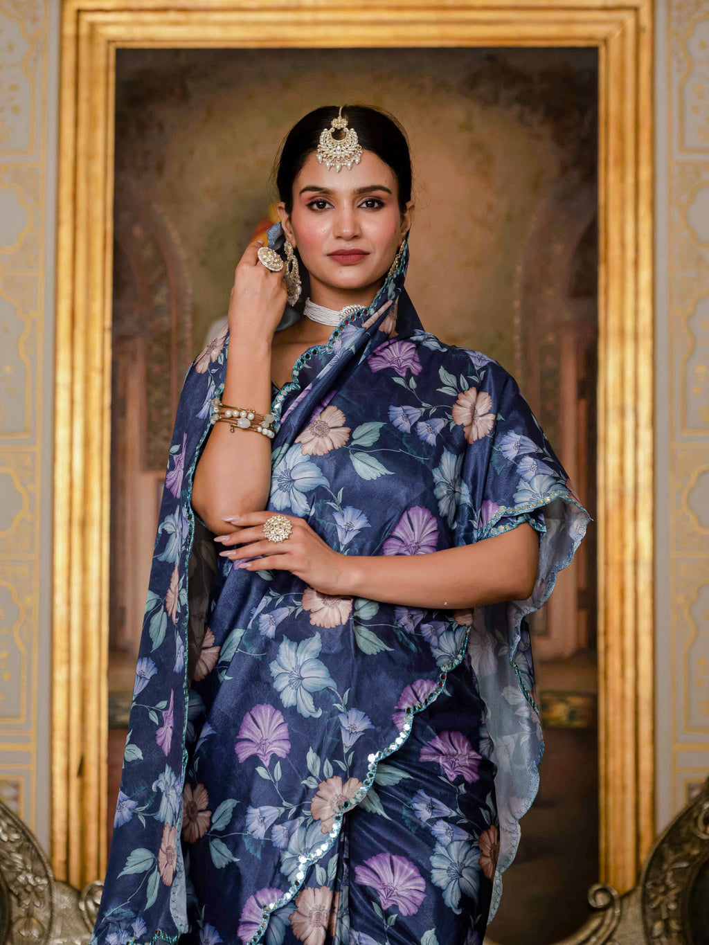 Jyoti Fashion Women's Navy Blue Chinon Digital Print with Mirror Saree with Blouse