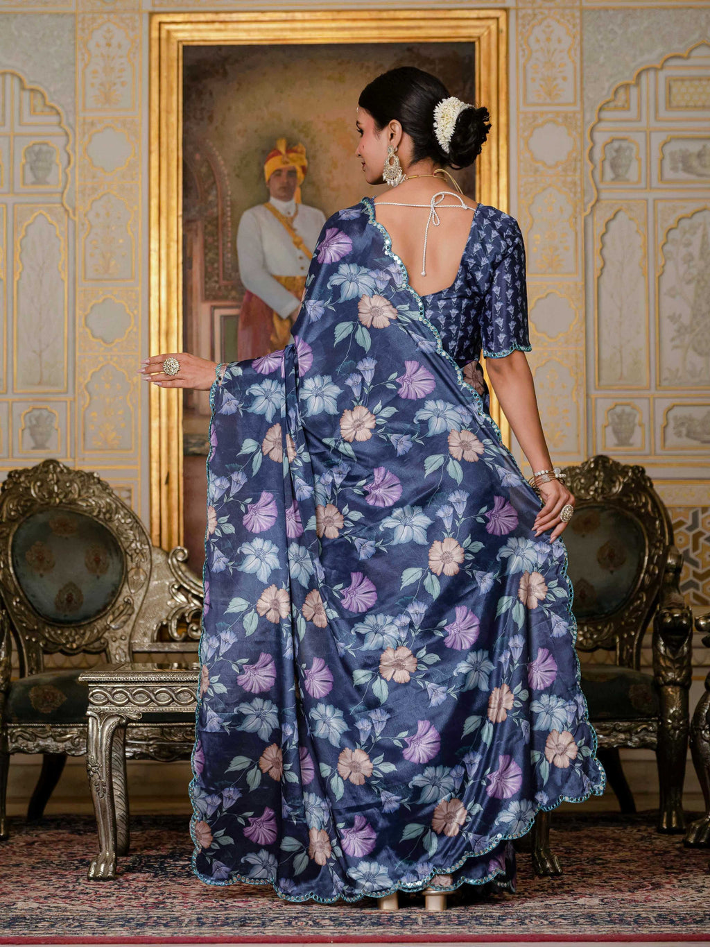 Jyoti Fashion Women's Navy Blue Chinon Digital Print with Mirror Saree with Blouse