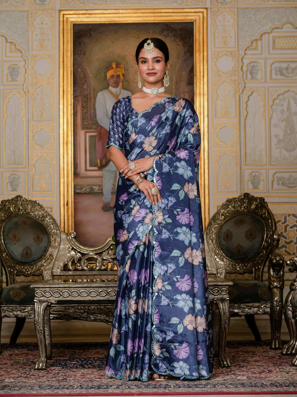 Jyoti Fashion Women's Navy Blue Chinon Digital Print with Mirror Saree with Blouse