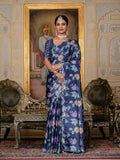 Jyoti Fashion Women's Navy Blue Chinon Digital Print with Mirror Saree with Blouse