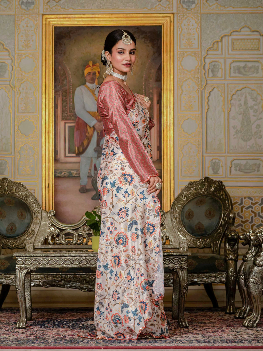 Jyoti Fashion Women's Multicolor Chinon Digital Print with Mirror Saree with Blouse
