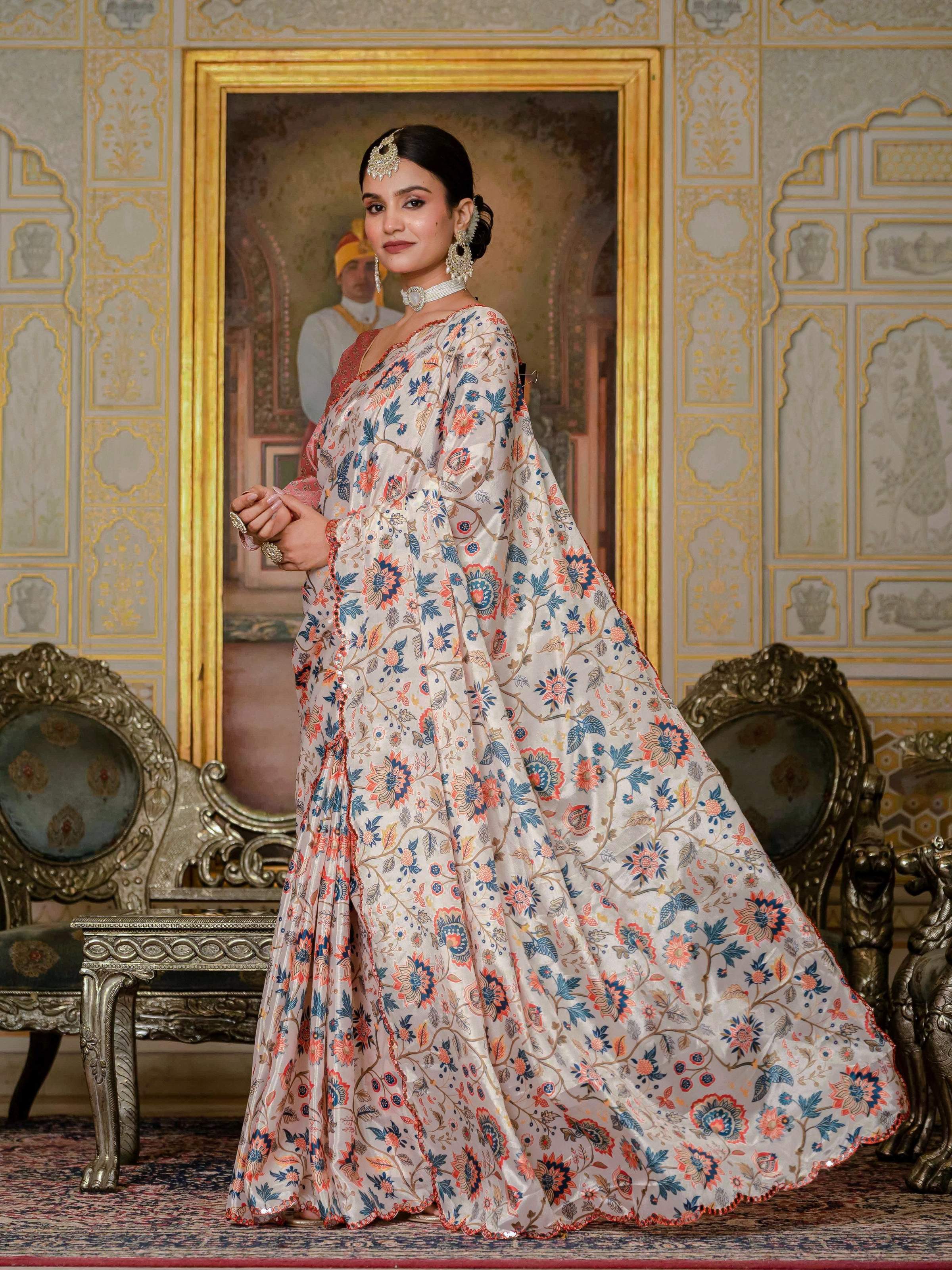 Jyoti Fashion Women's Multicolor Chinon Digital Print with Mirror Saree with Blouse