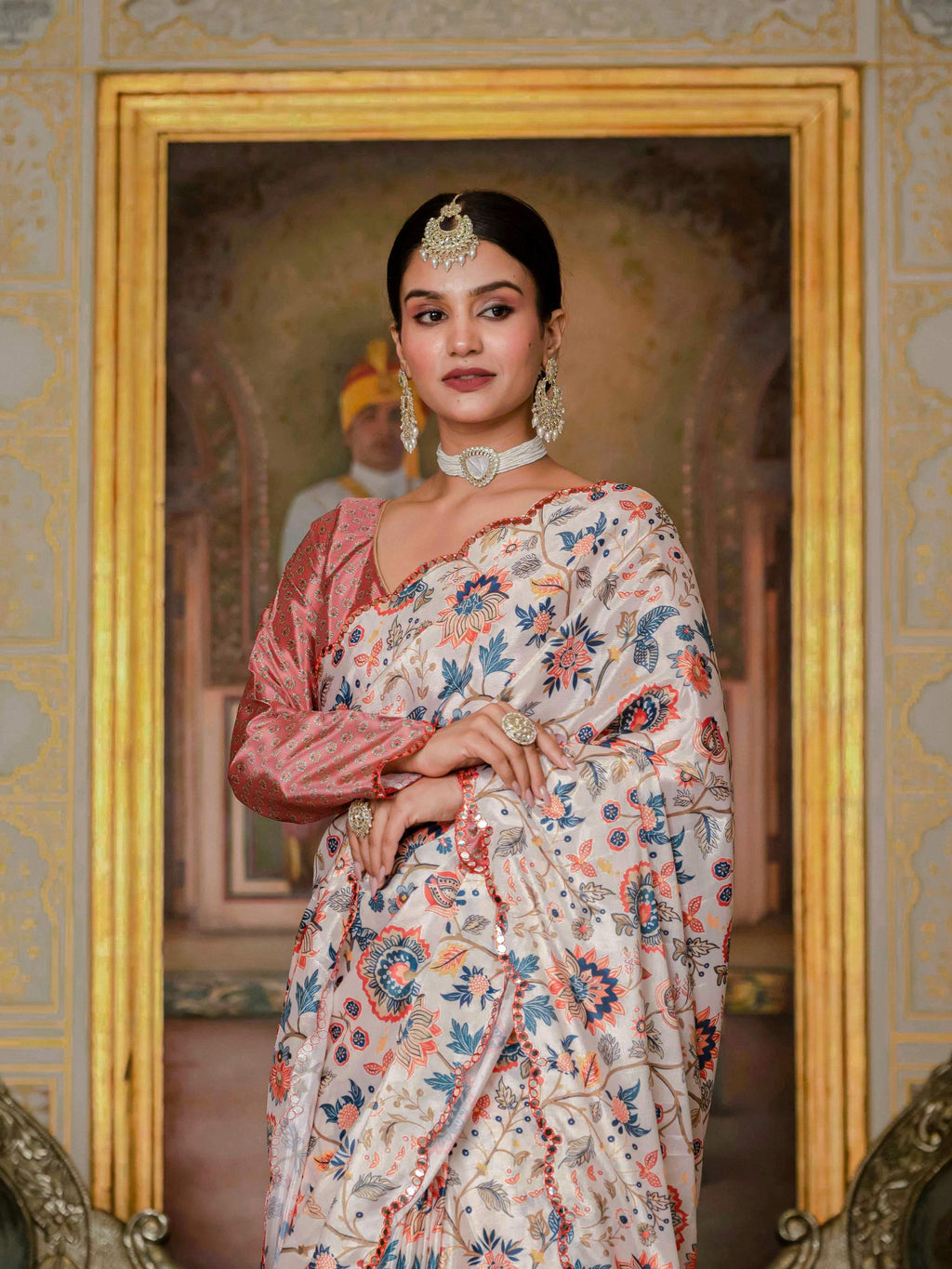 Jyoti Fashion Women's Multicolor Chinon Digital Print with Mirror Saree with Blouse