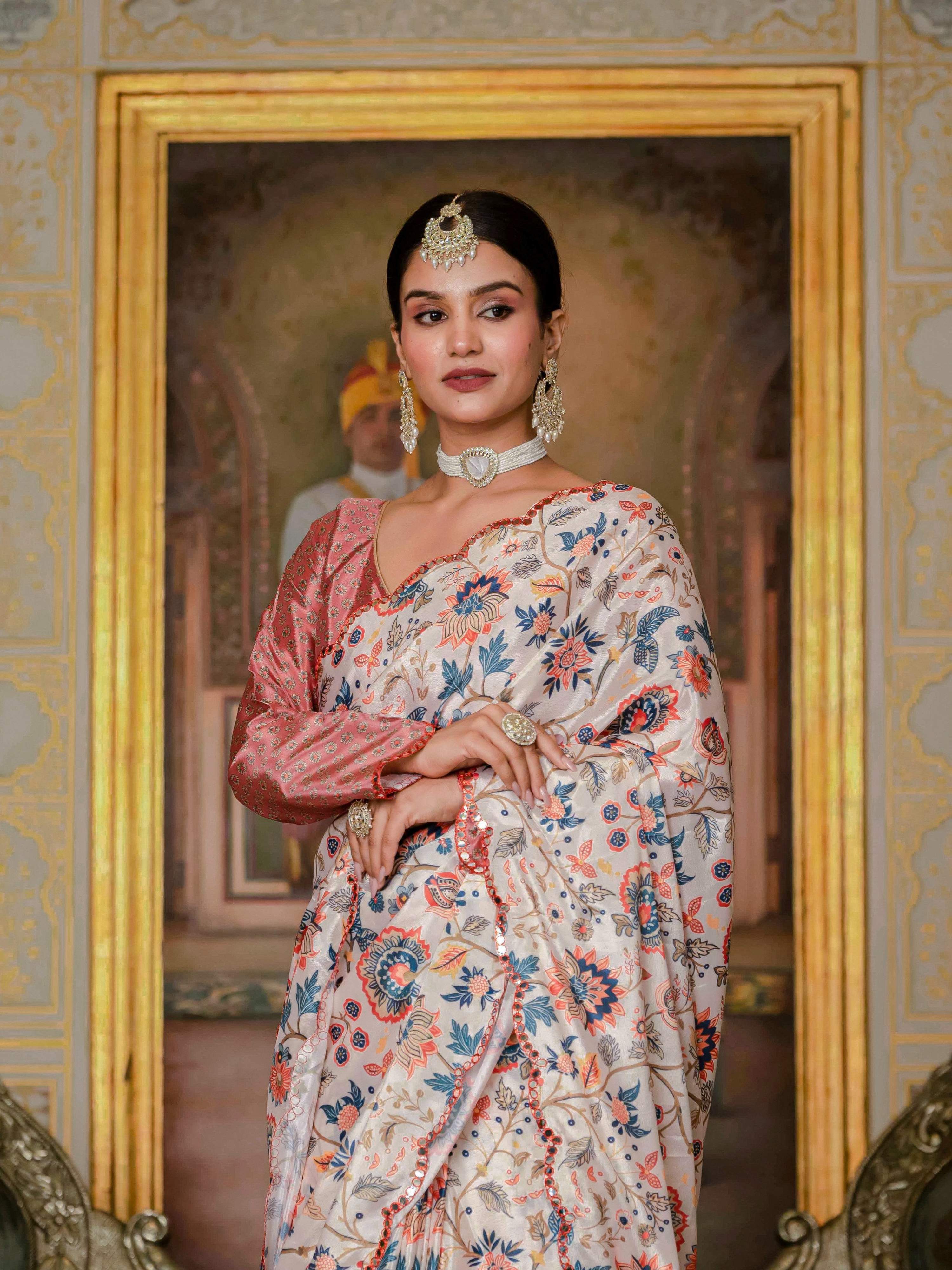 Jyoti Fashion Women's Multicolor Chinon Digital Print with Mirror Saree with Blouse
