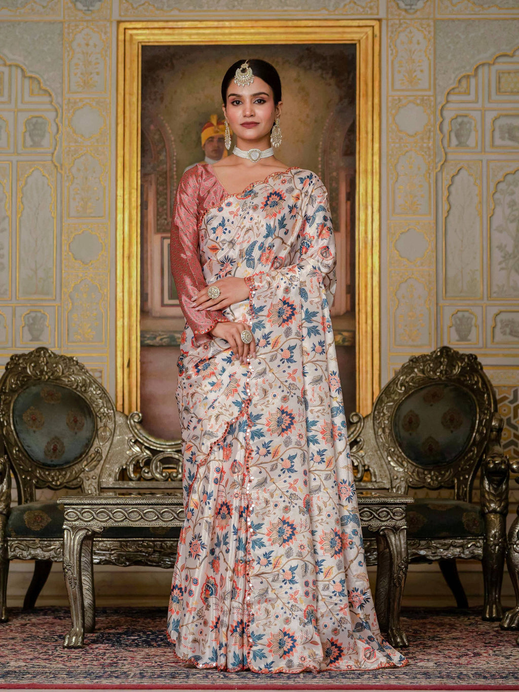 Jyoti Fashion Women's Multicolor Chinon Digital Print with Mirror Saree with Blouse