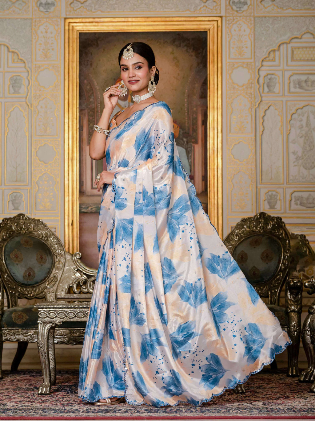 Jyoti Fashion Women's Blue Chinon Digital Print with Mirror Saree with Blouse