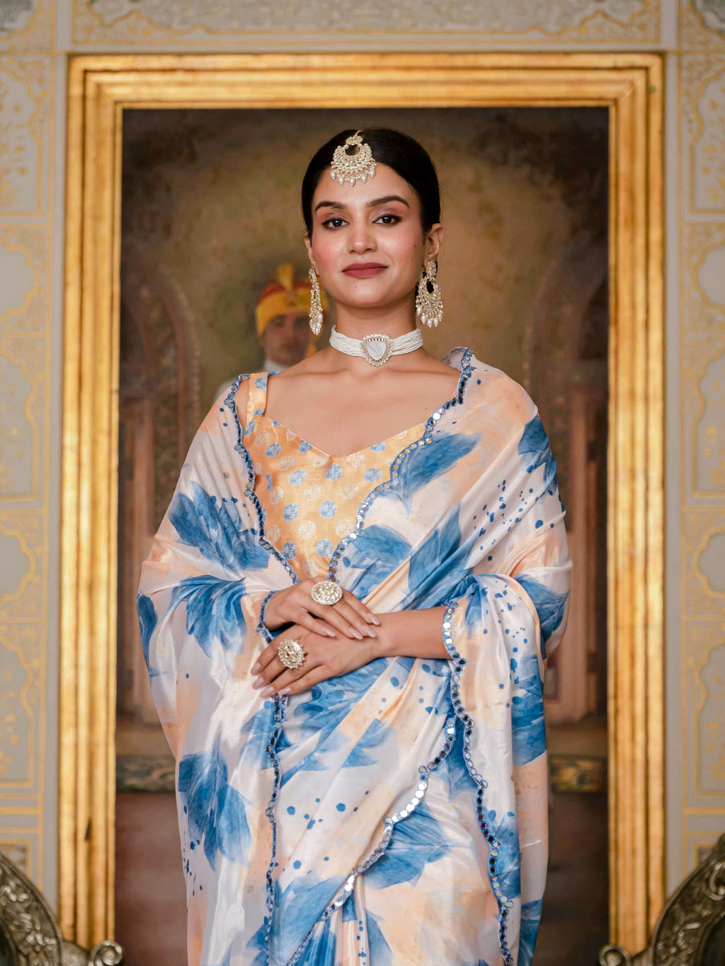 Jyoti Fashion Women's Blue Chinon Digital Print with Mirror Saree with Blouse