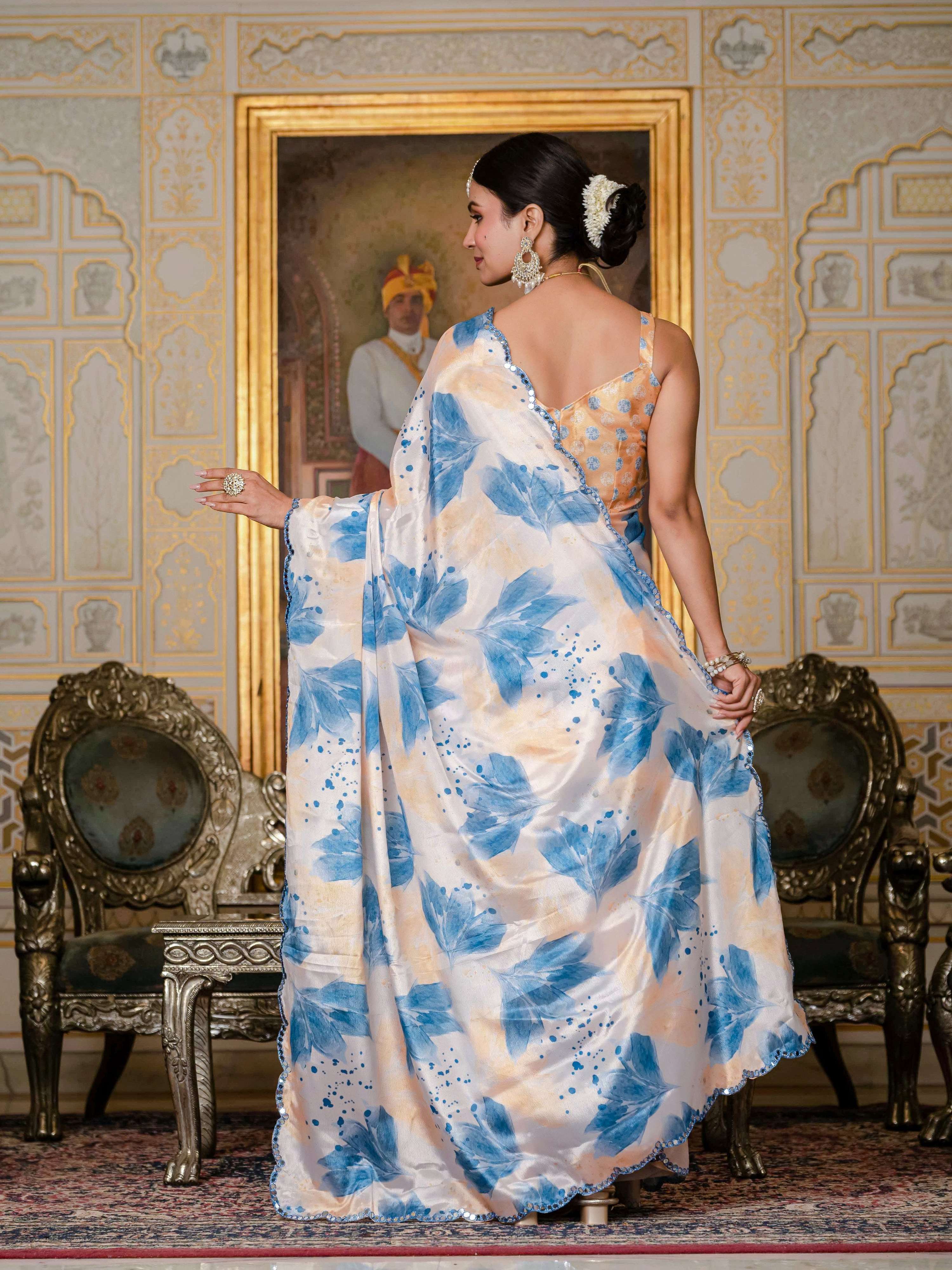 Jyoti Fashion Women's Blue Chinon Digital Print with Mirror Saree with Blouse