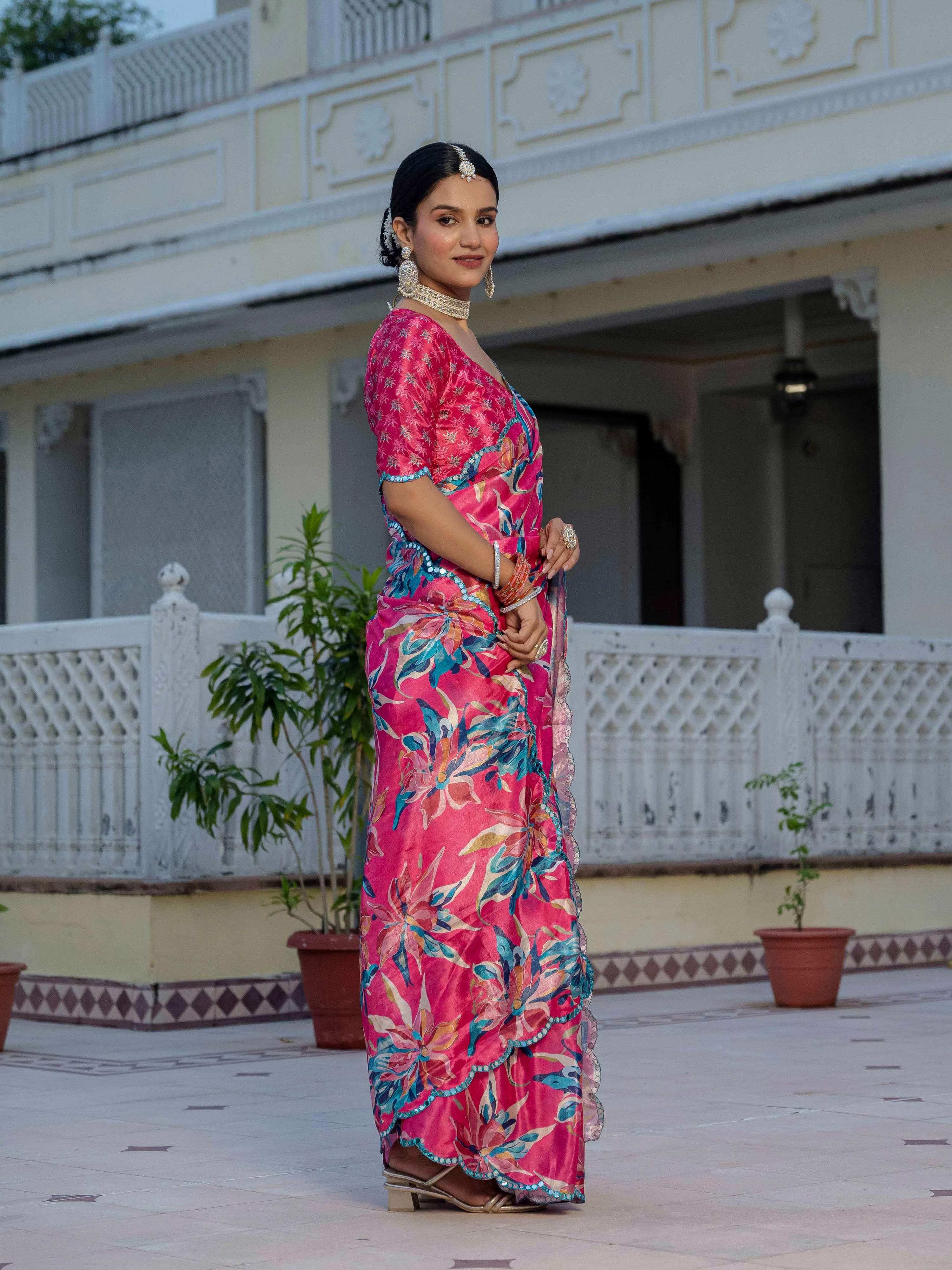 Jyoti Fashion Women's Rani Pink Chinon Digital Print with Mirror Saree with Blouse