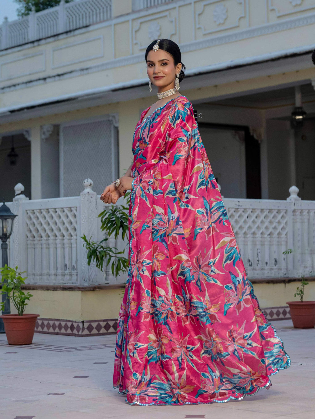 Jyoti Fashion Women's Rani Pink Chinon Digital Print with Mirror Saree with Blouse