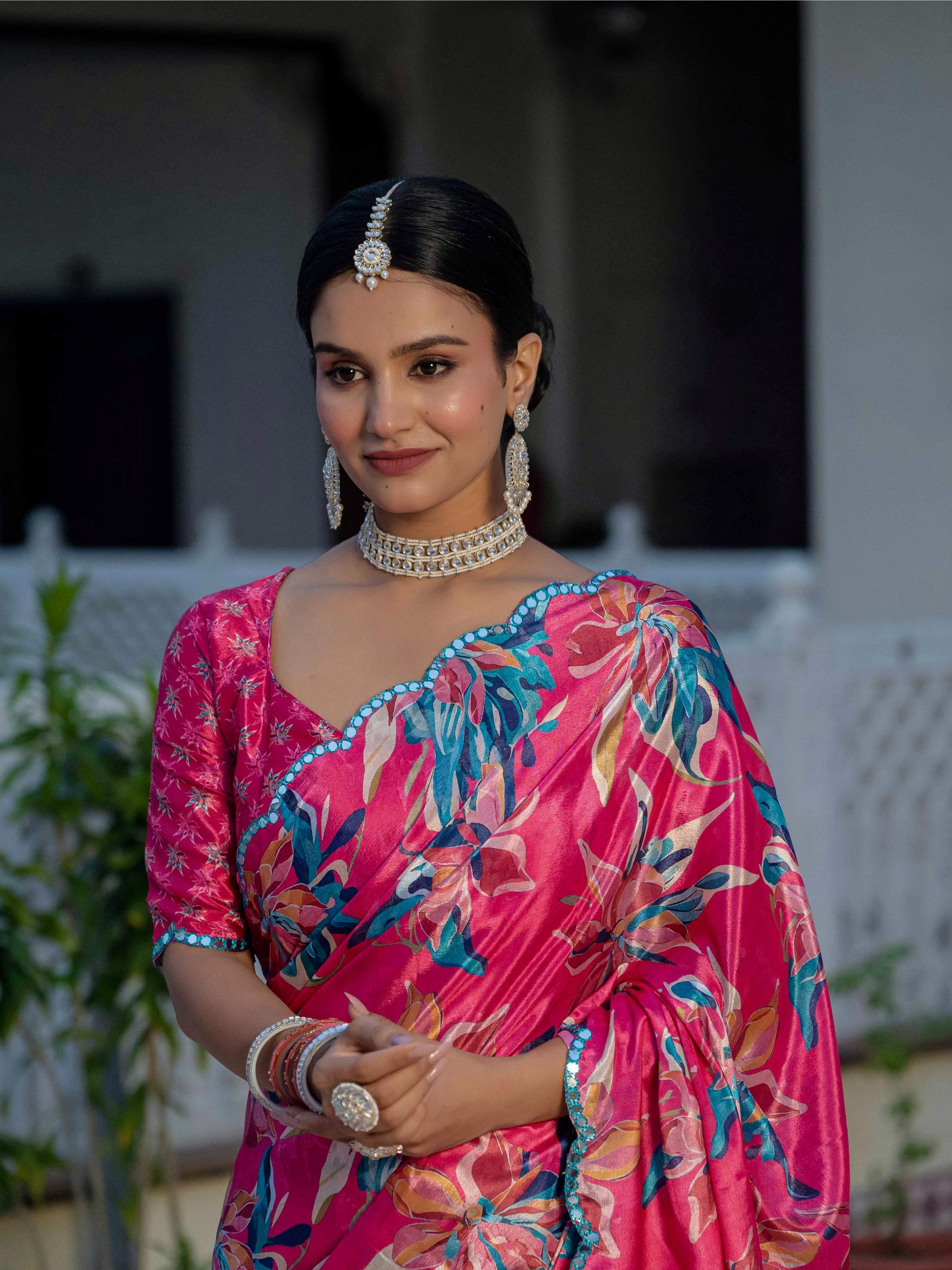 Jyoti Fashion Women's Rani Pink Chinon Digital Print with Mirror Saree with Blouse