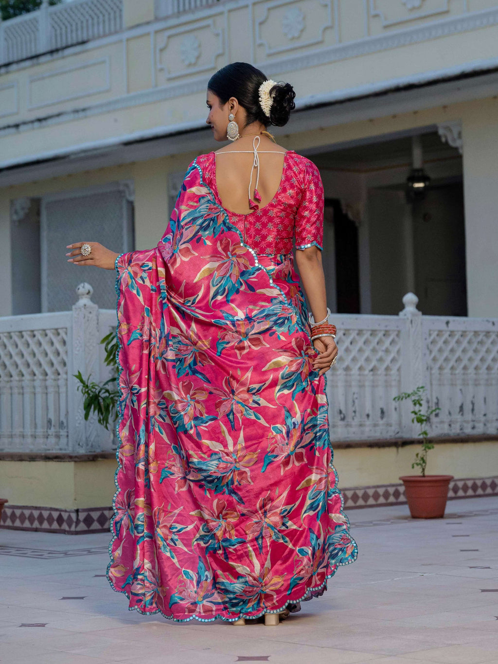 Jyoti Fashion Women's Rani Pink Chinon Digital Print with Mirror Saree with Blouse