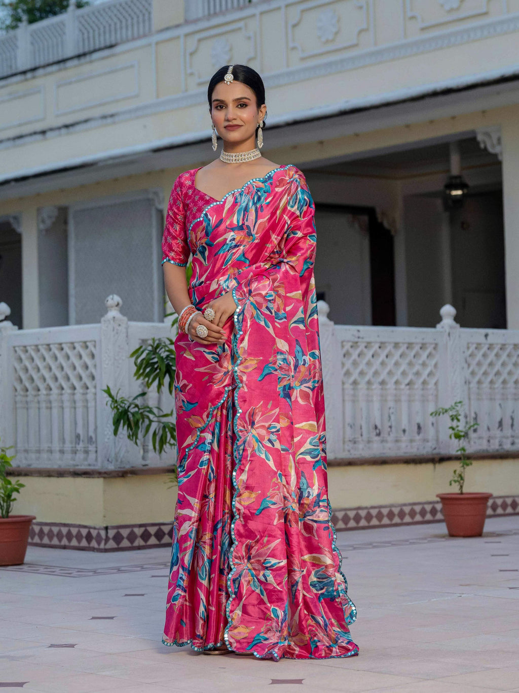 Jyoti Fashion Women's Rani Pink Chinon Digital Print with Mirror Saree with Blouse